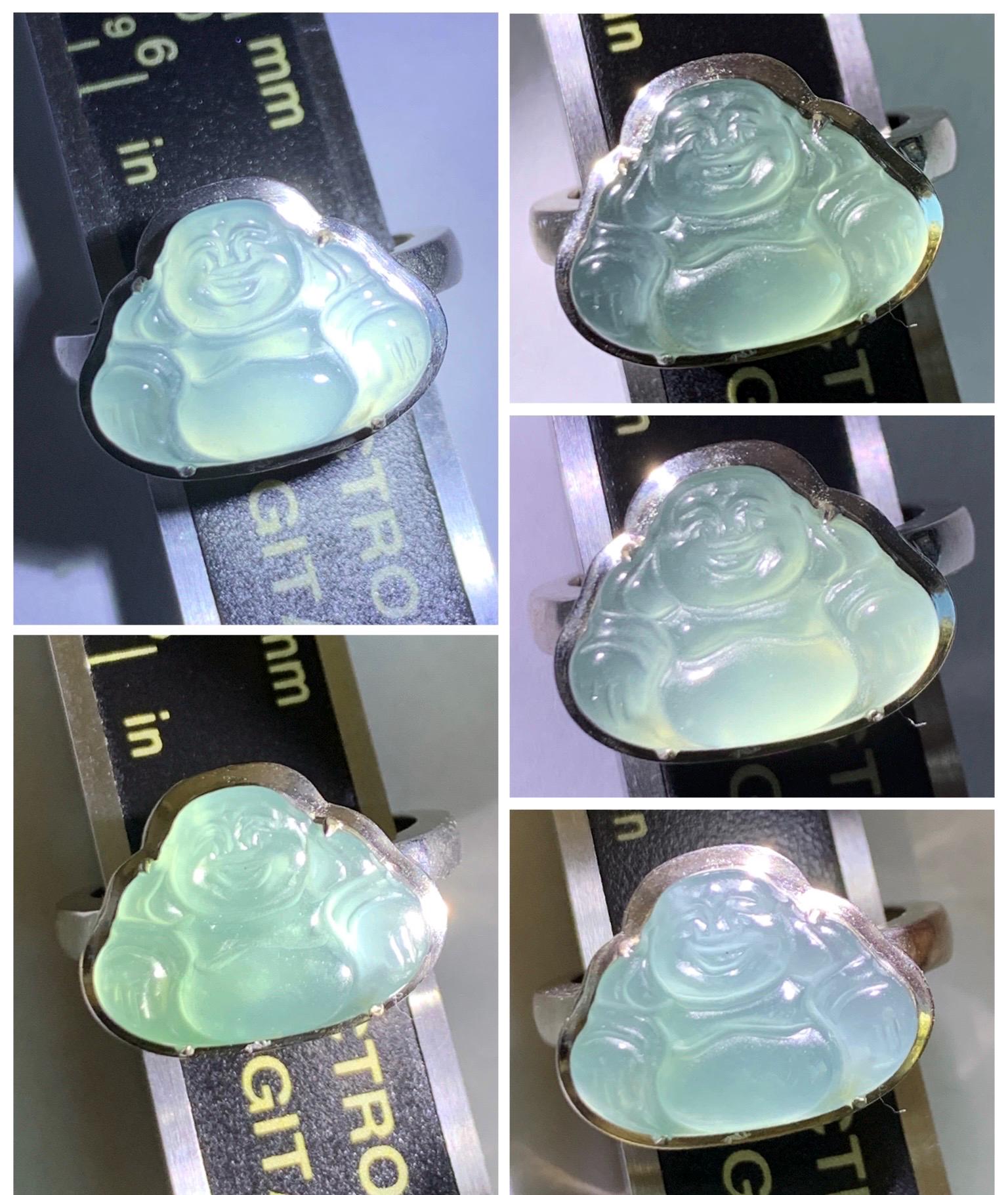 Certified Natural Guatemalan Icy Highly Translucent Teal Blue Jade Jadeite Buddha Ring Sterling Silver Size 7 US 5.77g 天然冰危浅蓝起光翡翠佛公戒指 1678