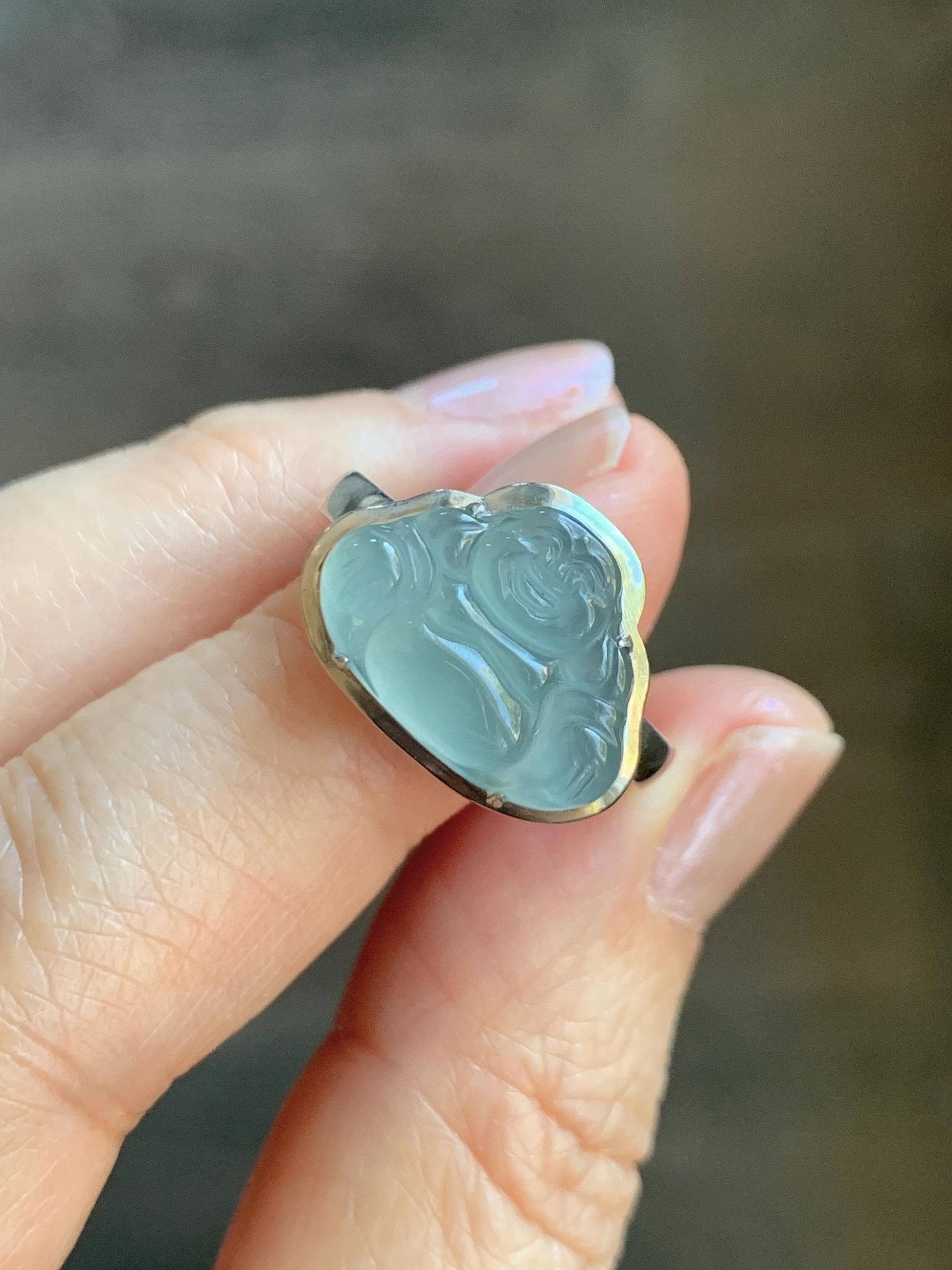 Certified Natural Guatemalan Icy Highly Translucent Teal Blue Jade Jadeite Buddha Ring Sterling Silver Size 7 US 5.77g 天然冰危浅蓝起光翡翠佛公戒指 1678