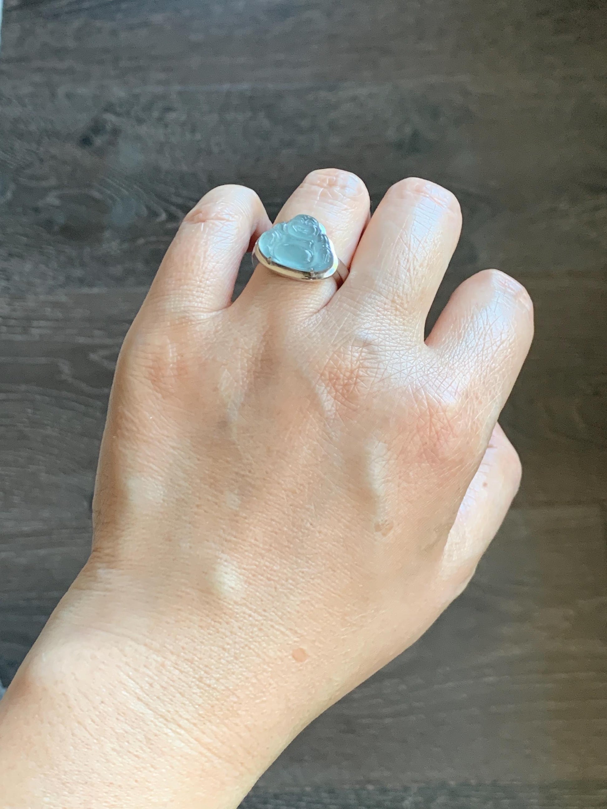 Certified Natural Guatemalan Icy Highly Translucent Teal Blue Jade Jadeite Buddha Ring Sterling Silver Size 7 US 5.77g 天然冰危浅蓝起光翡翠佛公戒指 1678