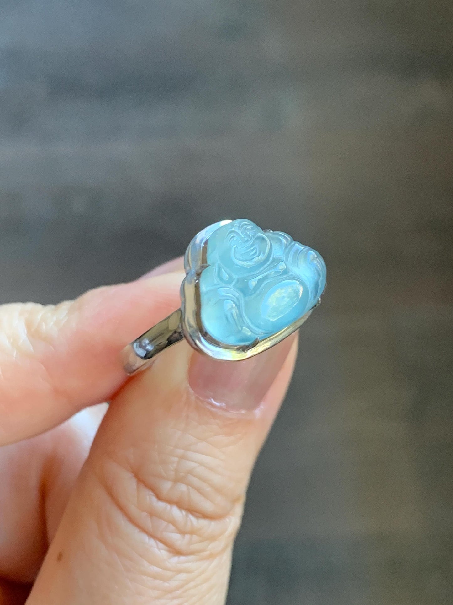 Certified Natural Guatemalan Icy Highly Translucent Teal Blue Jade Jadeite Buddha Ring Sterling Silver Size 7 US 5.77g 天然冰危浅蓝起光翡翠佛公戒指 1678