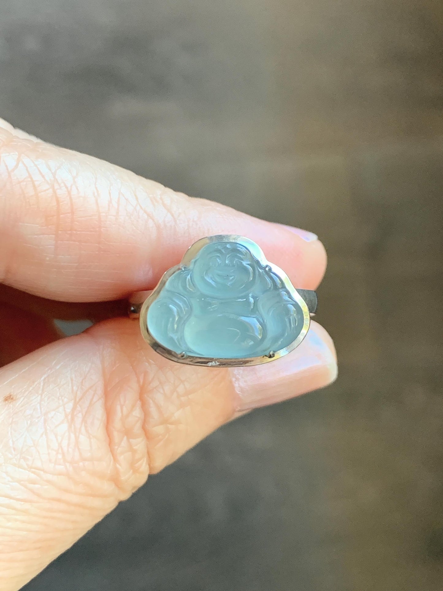 Certified Natural Guatemalan Icy Highly Translucent Teal Blue Jade Jadeite Buddha Ring Sterling Silver Size 7 US 5.77g 天然冰危浅蓝起光翡翠佛公戒指 1678