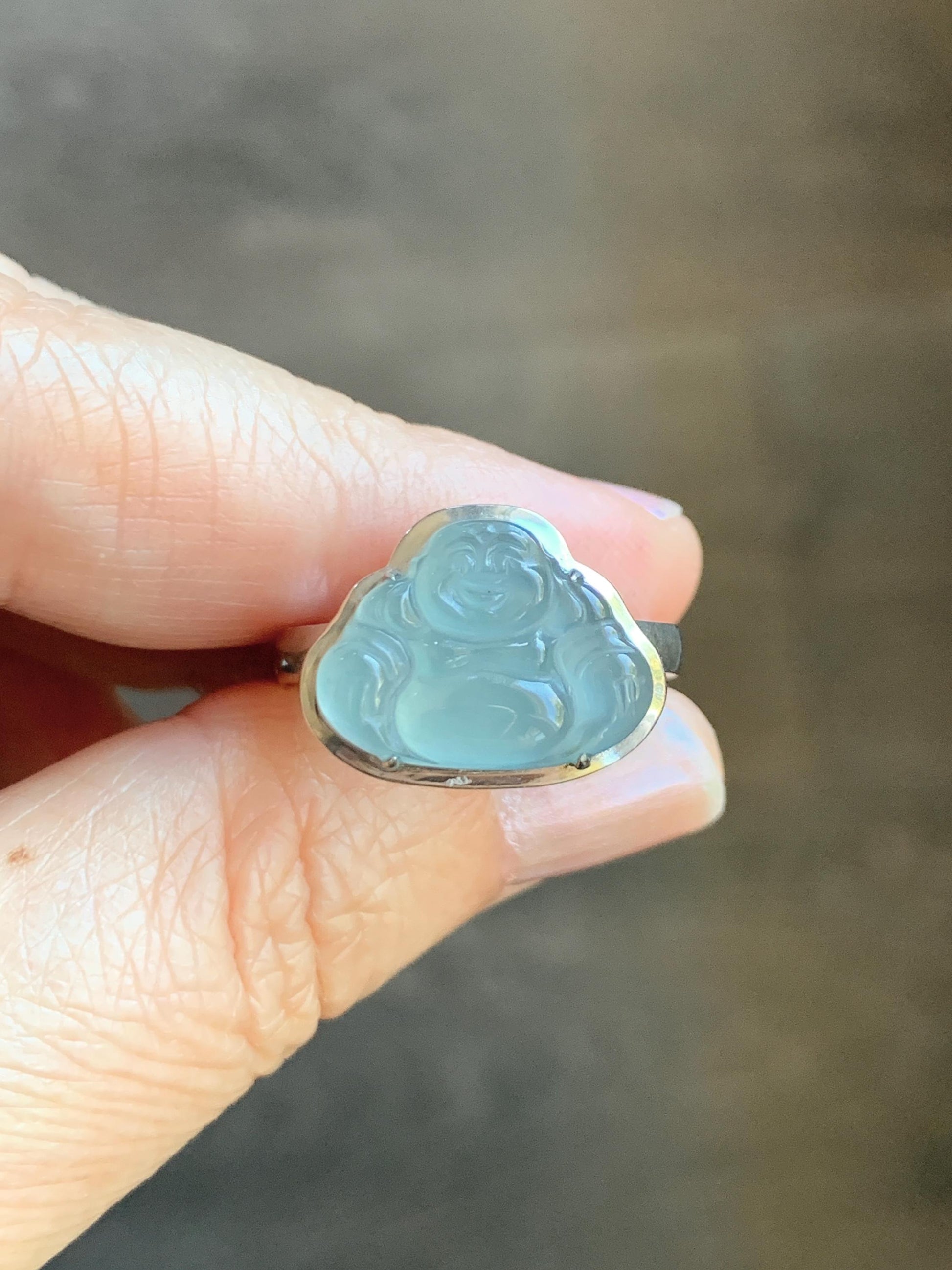 Certified Natural Guatemalan Icy Highly Translucent Teal Blue Jade Jadeite Buddha Ring Sterling Silver Size 7 US 5.77g 天然冰危浅蓝起光翡翠佛公戒指 1678