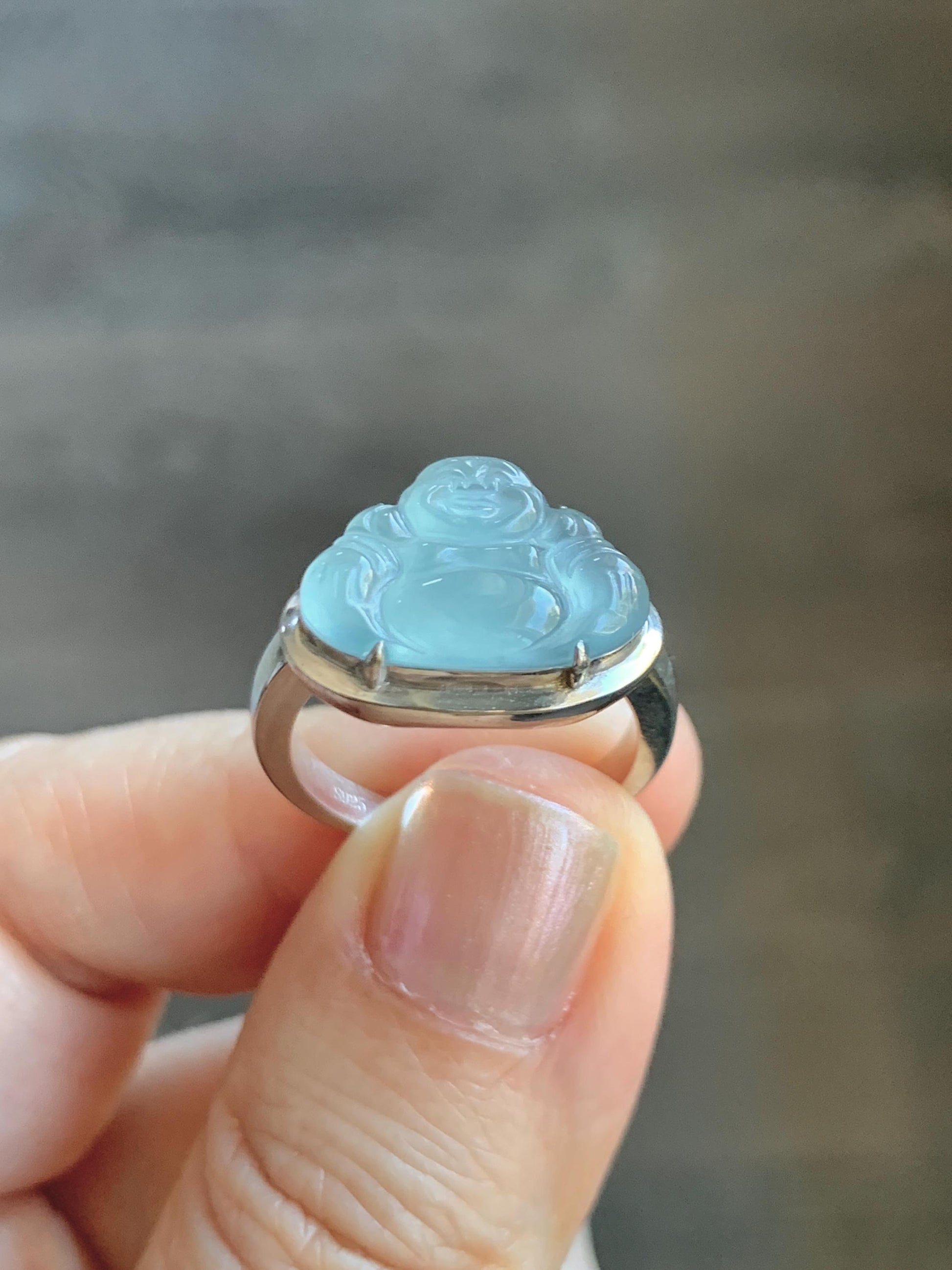 Certified Natural Guatemalan Icy Highly Translucent Teal Blue Jade Jadeite Buddha Ring Sterling Silver Size 7 US 5.77g 天然冰危浅蓝起光翡翠佛公戒指 1678