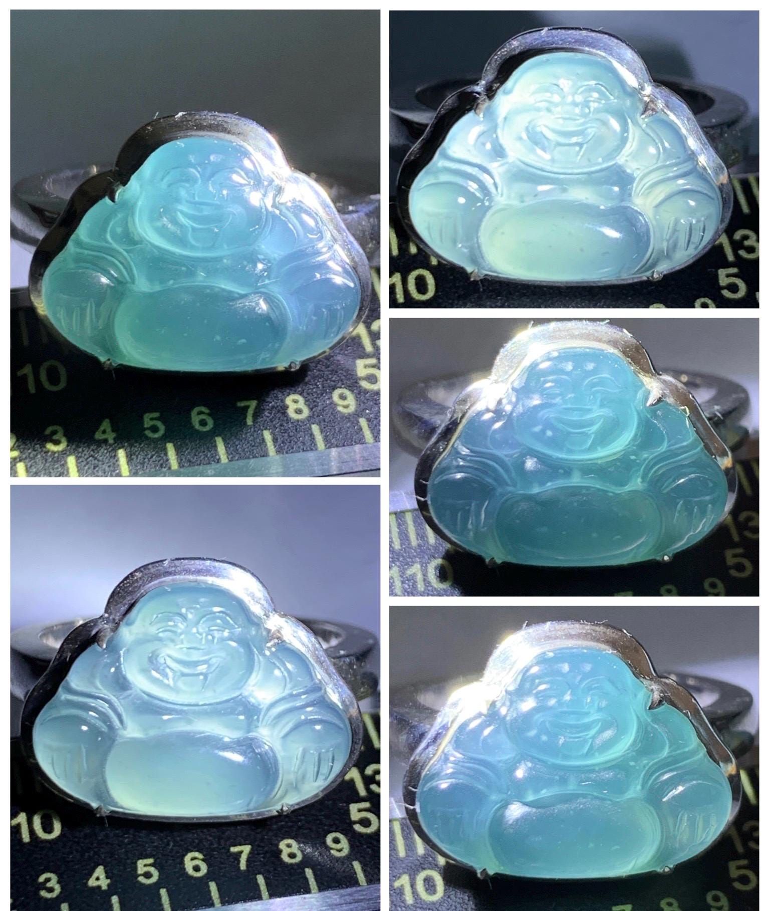 Certified Natural Guatemalan Icy Highly Translucent Dusty Blue Jade Jadeite Buddha Ring Sterling Silver Size 7 US 5.88g 天然冰危浅蓝起光翡翠佛公戒指 1679