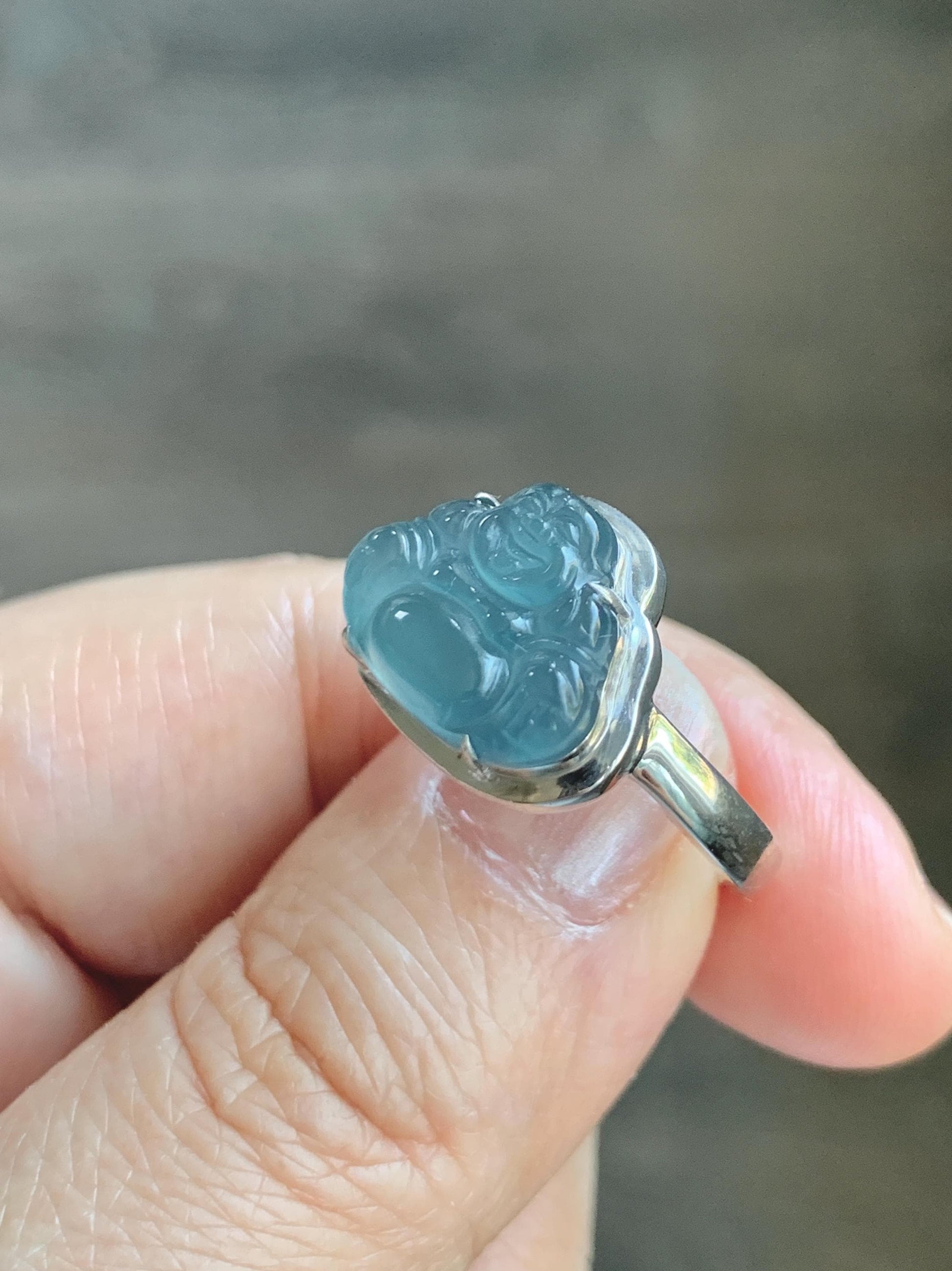 Certified Natural Guatemalan Icy Highly Translucent Dusty Blue Jade Jadeite Buddha Ring Sterling Silver Size 7 US 5.88g 天然冰危浅蓝起光翡翠佛公戒指 1679