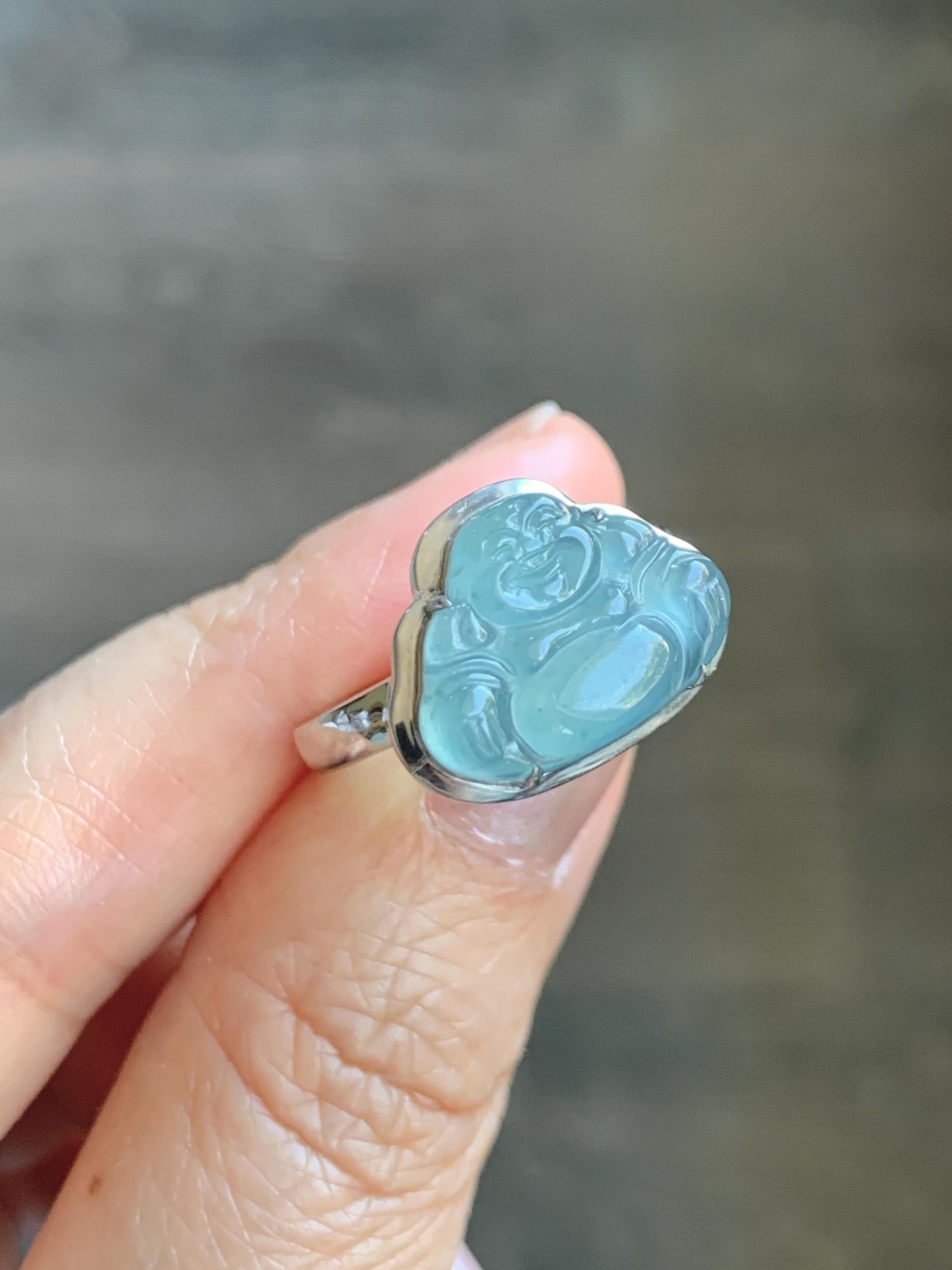 Certified Natural Guatemalan Icy Highly Translucent Dusty Blue Jade Jadeite Buddha Ring Sterling Silver Size 7 US 5.88g 天然冰危浅蓝起光翡翠佛公戒指 1679