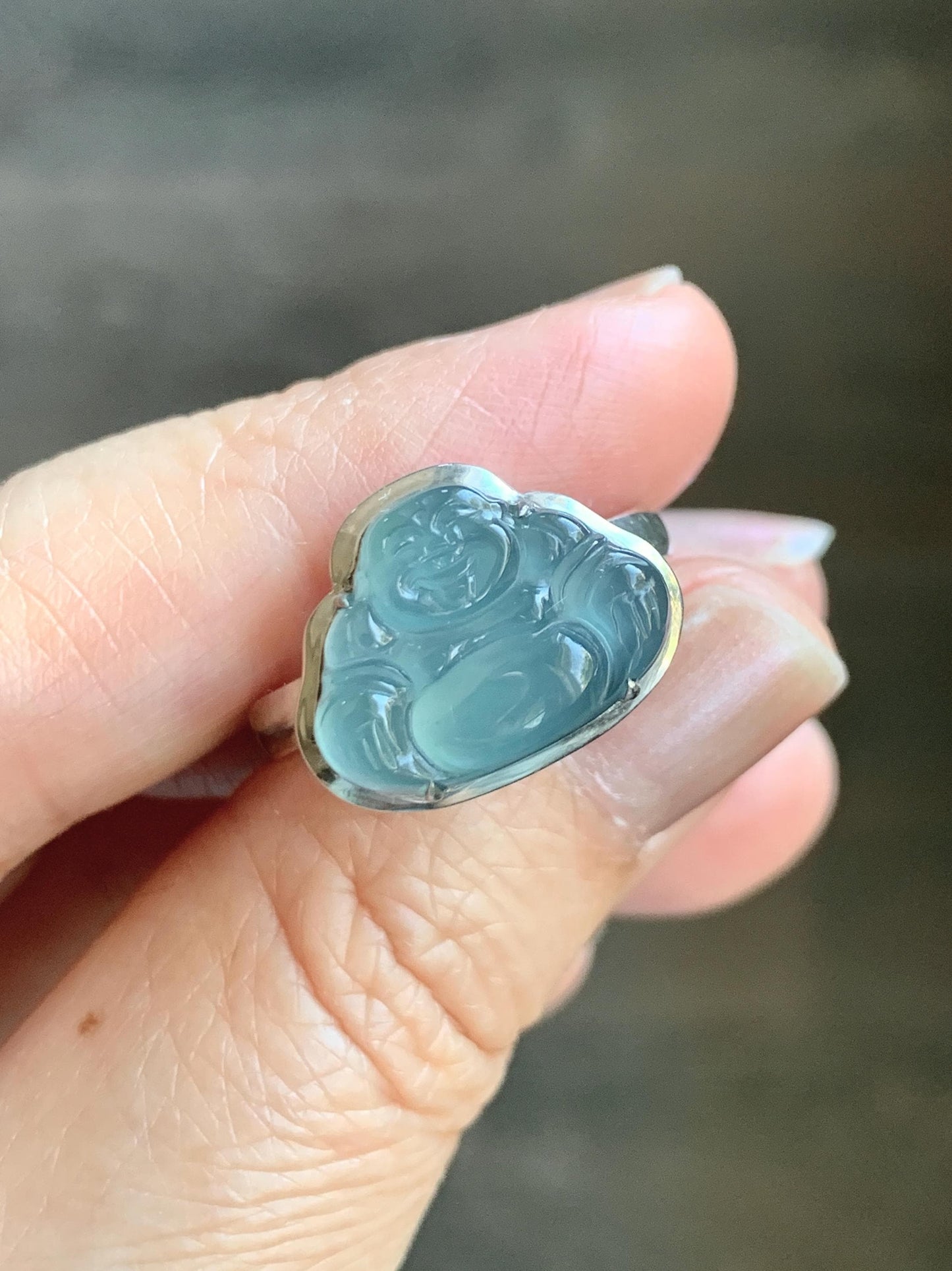 Certified Natural Guatemalan Icy Highly Translucent Dusty Blue Jade Jadeite Buddha Ring Sterling Silver Size 7 US 5.88g 天然冰危浅蓝起光翡翠佛公戒指 1679