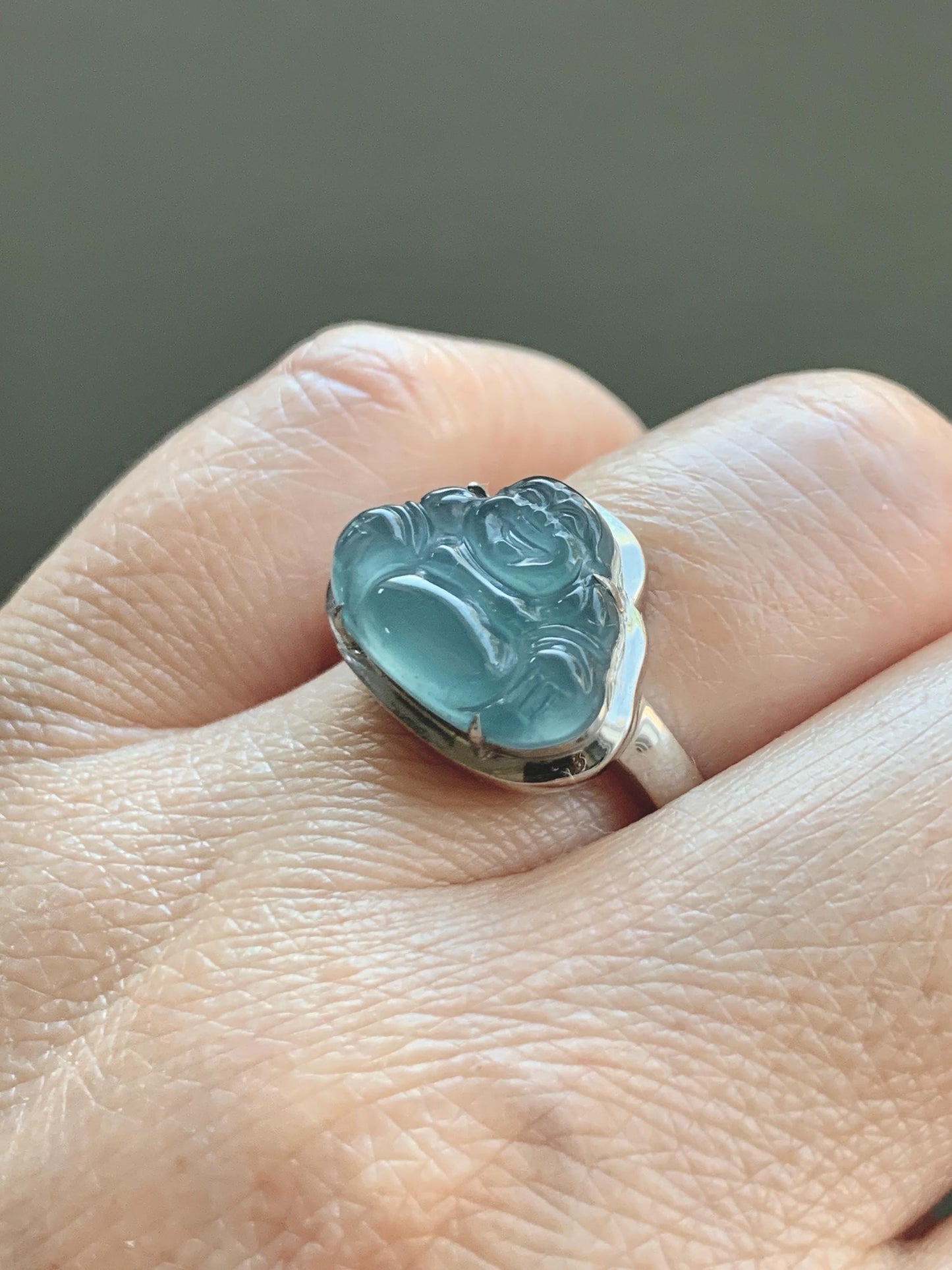Certified Natural Guatemalan Icy Highly Translucent Dusty Blue Jade Jadeite Buddha Ring Sterling Silver Size 7 US 5.88g 天然冰危浅蓝起光翡翠佛公戒指 1679