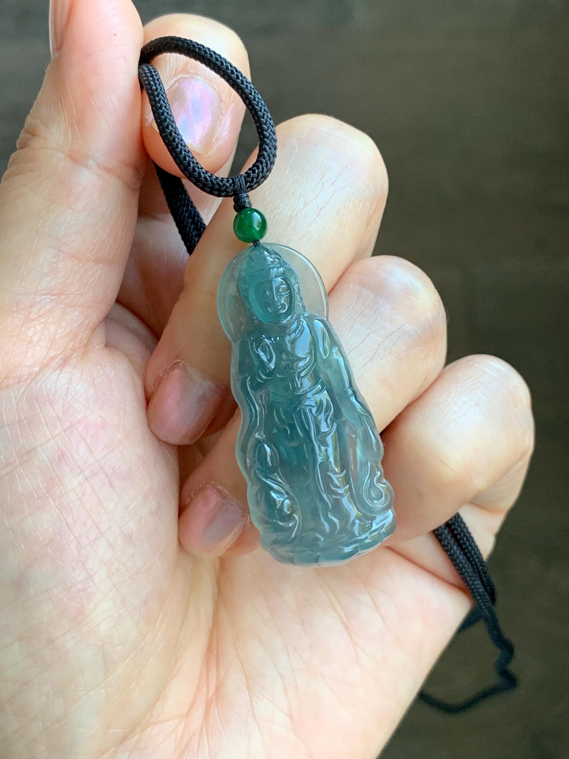 Certified Natural Grade A Guatemalan Icy Highly Translucent Dark Blue Jade Jadeite Guanyin Pendant Rope Necklace 26.5” 6g 天然冰胶危蓝绿翡翠站观音吊坠 101