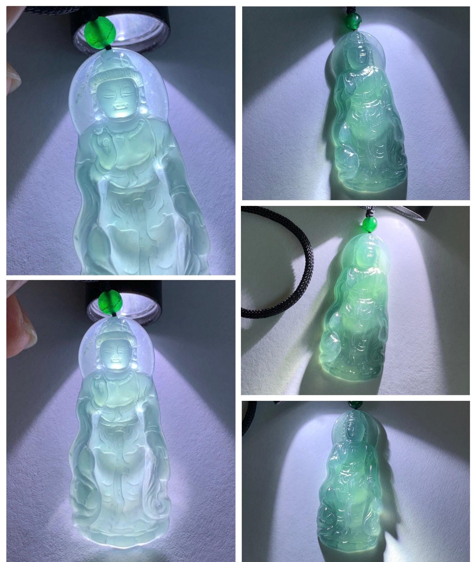 Certified Natural Grade A Guatemalan Icy Highly Translucent Dark Blue Jade Jadeite Guanyin Pendant Rope Necklace 26.5” 6g 天然冰胶危蓝绿翡翠站观音吊坠 101