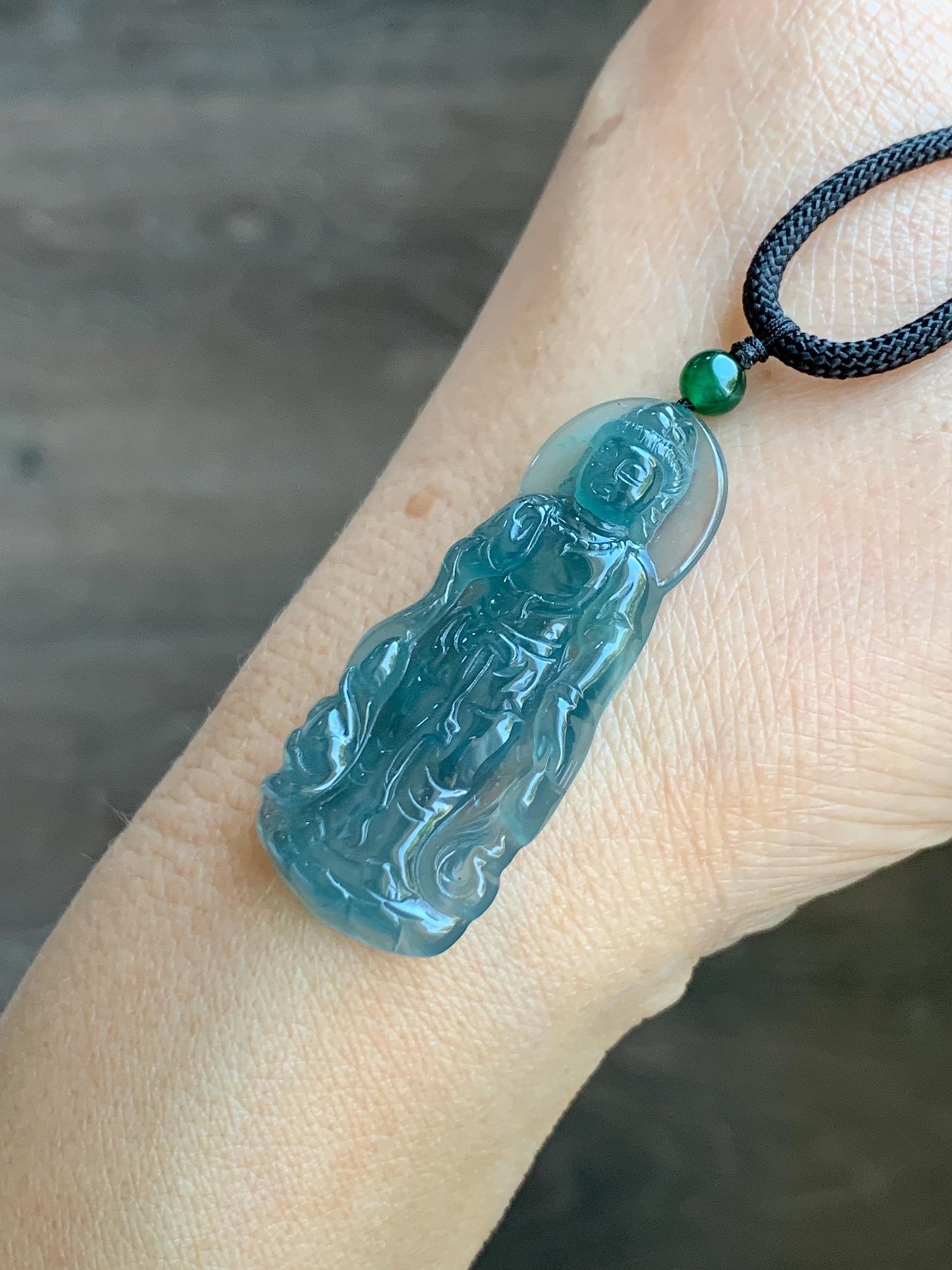 Certified Natural Grade A Guatemalan Icy Highly Translucent Dark Blue Jade Jadeite Guanyin Pendant Rope Necklace 26.5” 6g 天然冰胶危蓝绿翡翠站观音吊坠 101