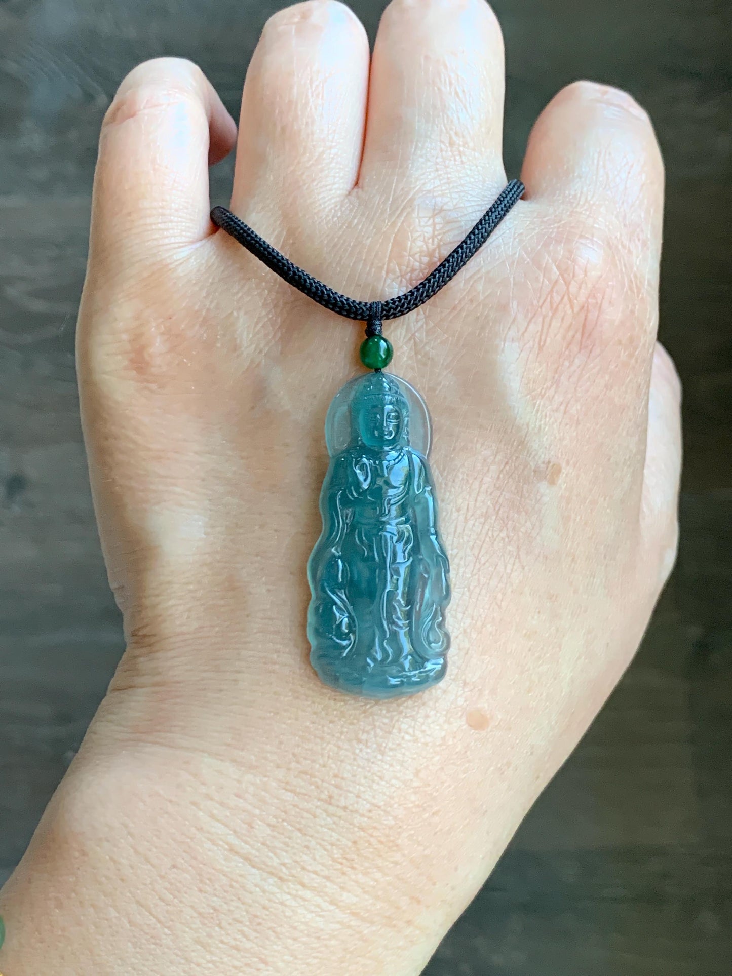 Certified Natural Grade A Guatemalan Icy Highly Translucent Dark Blue Jade Jadeite Guanyin Pendant Rope Necklace 26.5” 6g 天然冰胶危蓝绿翡翠站观音吊坠 101
