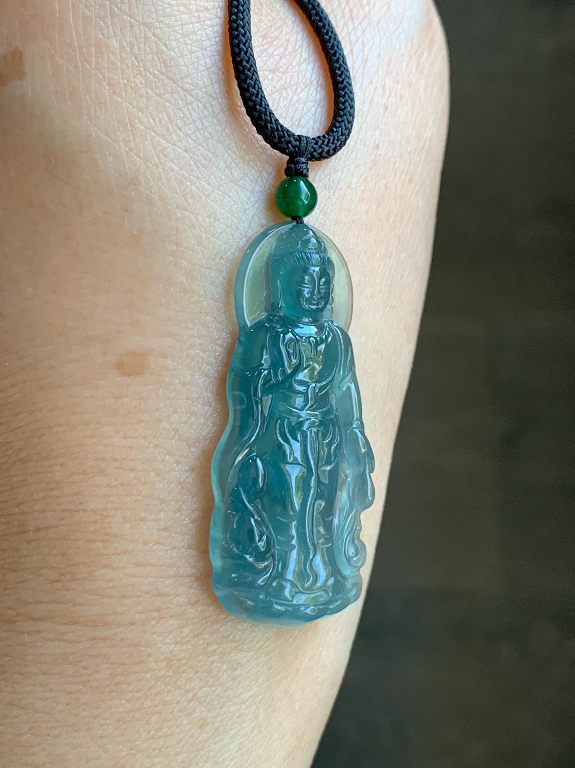 Certified Natural Grade A Guatemalan Icy Highly Translucent Dark Blue Jade Jadeite Guanyin Pendant Rope Necklace 26.5” 6g 天然冰胶危蓝绿翡翠站观音吊坠 101