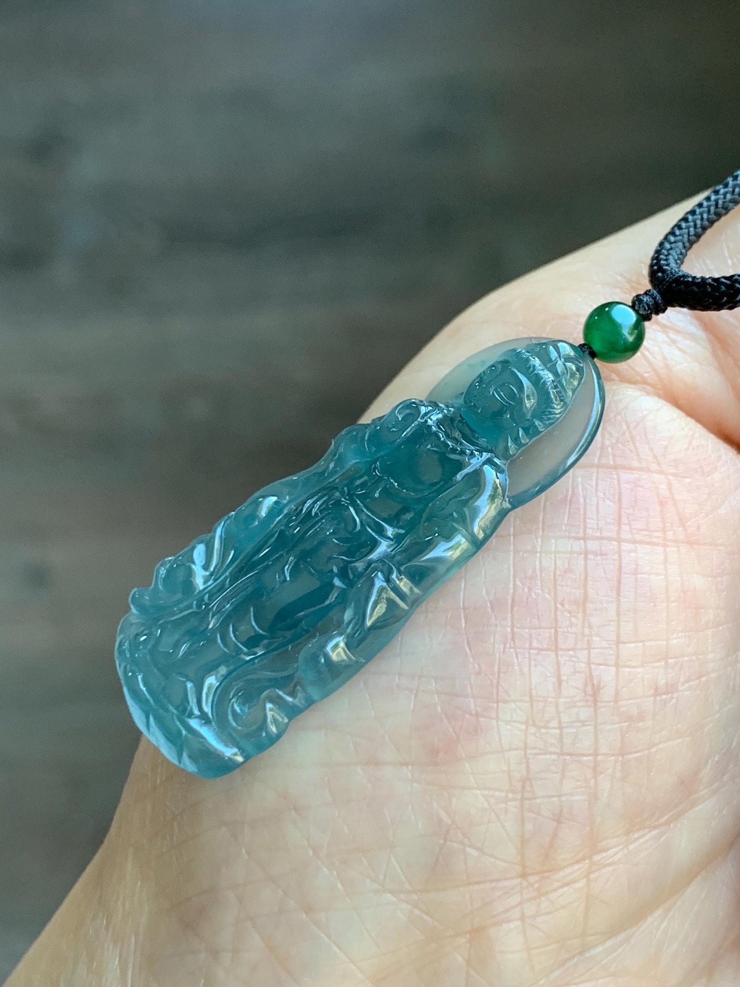 Certified Natural Grade A Guatemalan Icy Highly Translucent Dark Blue Jade Jadeite Guanyin Pendant Rope Necklace 26.5” 6g 天然冰胶危蓝绿翡翠站观音吊坠 101