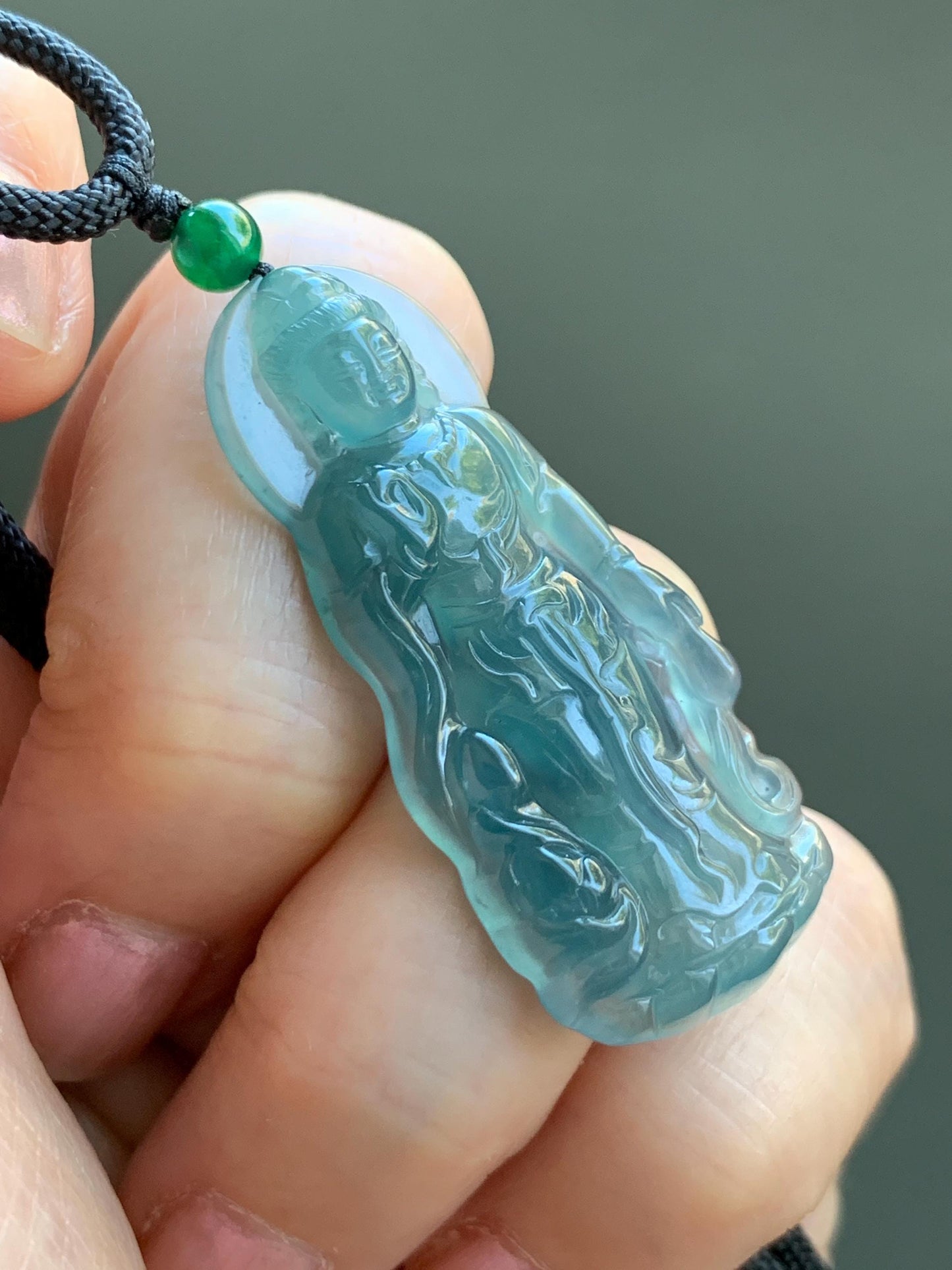 Certified Natural Grade A Guatemalan Icy Highly Translucent Dark Blue Jade Jadeite Guanyin Pendant Rope Necklace 26.5” 6g 天然冰胶危蓝绿翡翠站观音吊坠 101