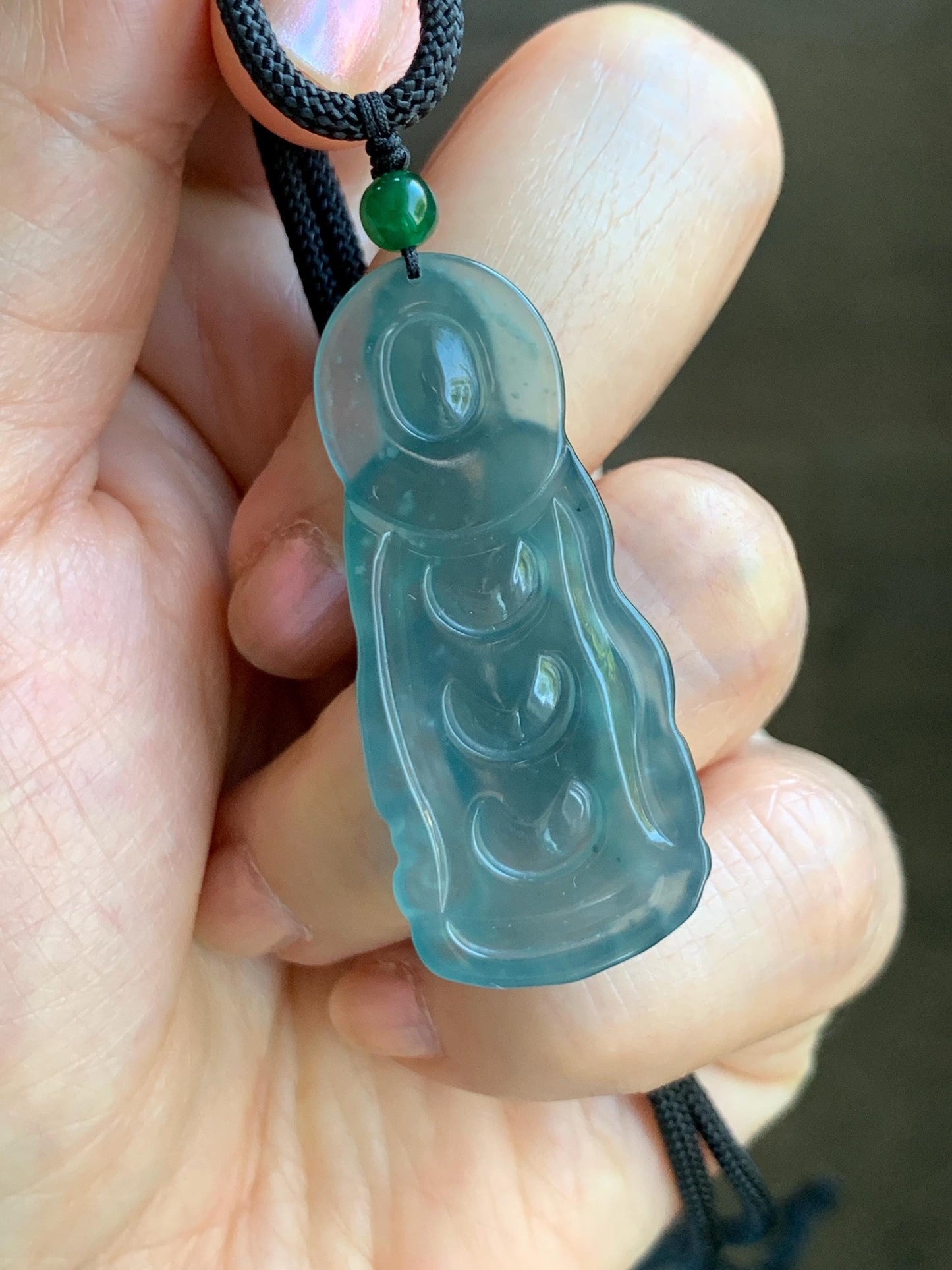 Certified Natural Grade A Guatemalan Icy Highly Translucent Dark Blue Jade Jadeite Guanyin Pendant Rope Necklace 26.5” 6g 天然冰胶危蓝绿翡翠站观音吊坠 101