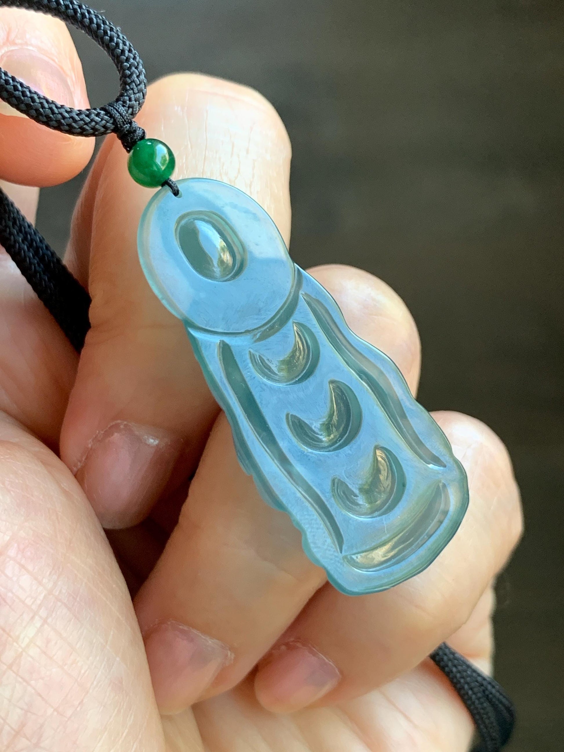 Certified Natural Grade A Guatemalan Icy Highly Translucent Dark Blue Jade Jadeite Guanyin Pendant Rope Necklace 26.5” 6g 天然冰胶危蓝绿翡翠站观音吊坠 101