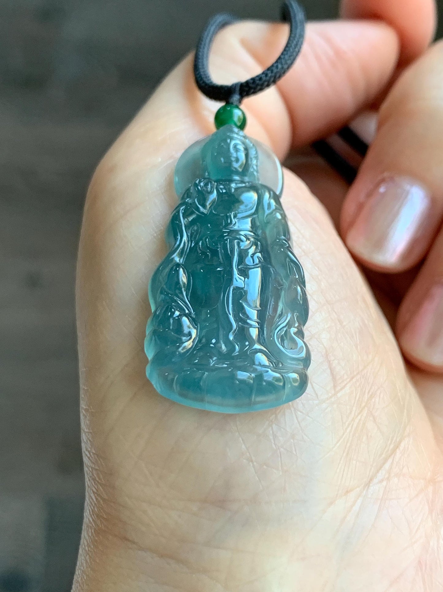 Certified Natural Grade A Guatemalan Icy Highly Translucent Dark Blue Jade Jadeite Guanyin Pendant Rope Necklace 26.5” 6g 天然冰胶危蓝绿翡翠站观音吊坠 101