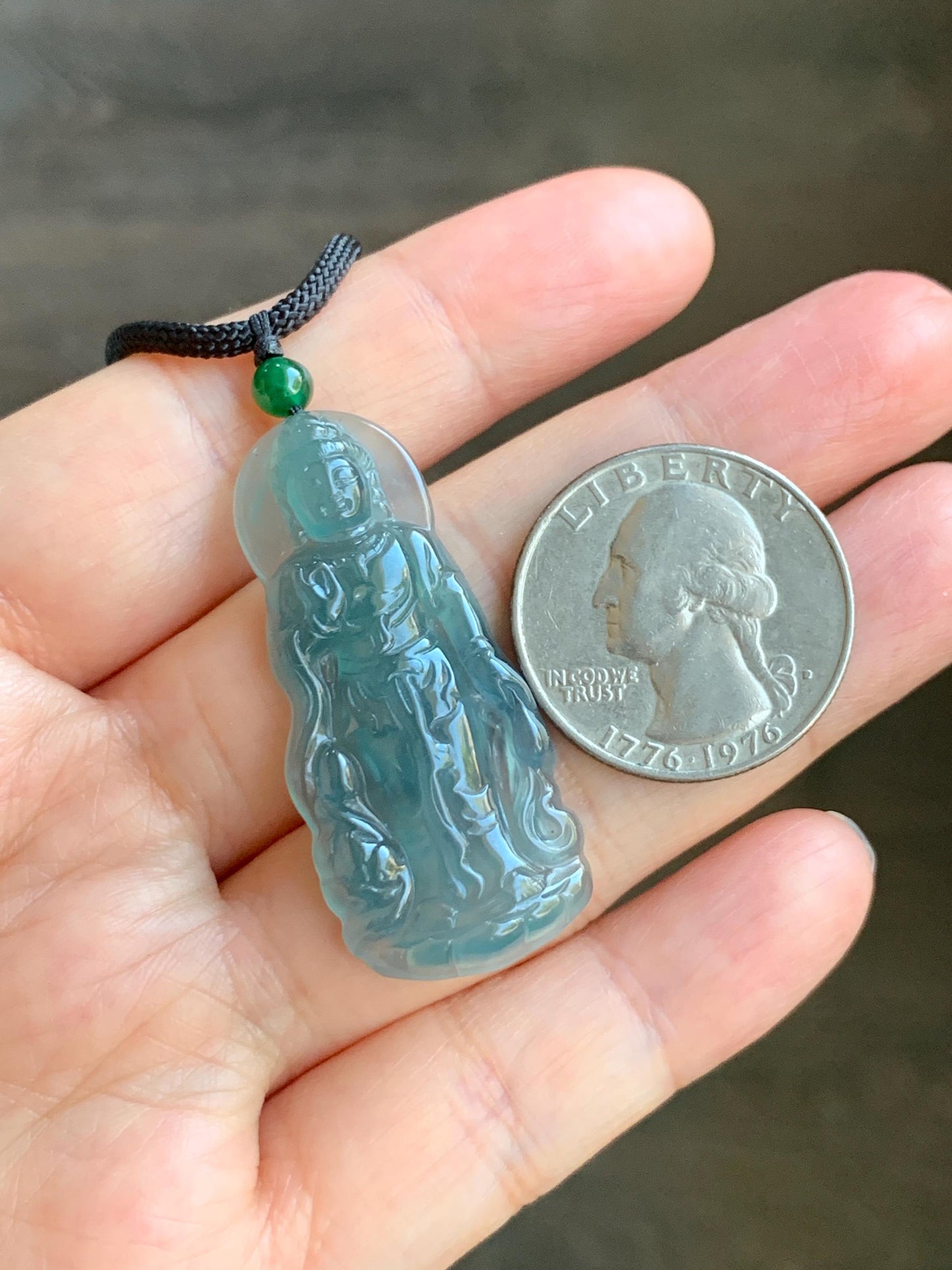 Certified Natural Grade A Guatemalan Icy Highly Translucent Dark Blue Jade Jadeite Guanyin Pendant Rope Necklace 26.5” 6g 天然冰胶危蓝绿翡翠站观音吊坠 101