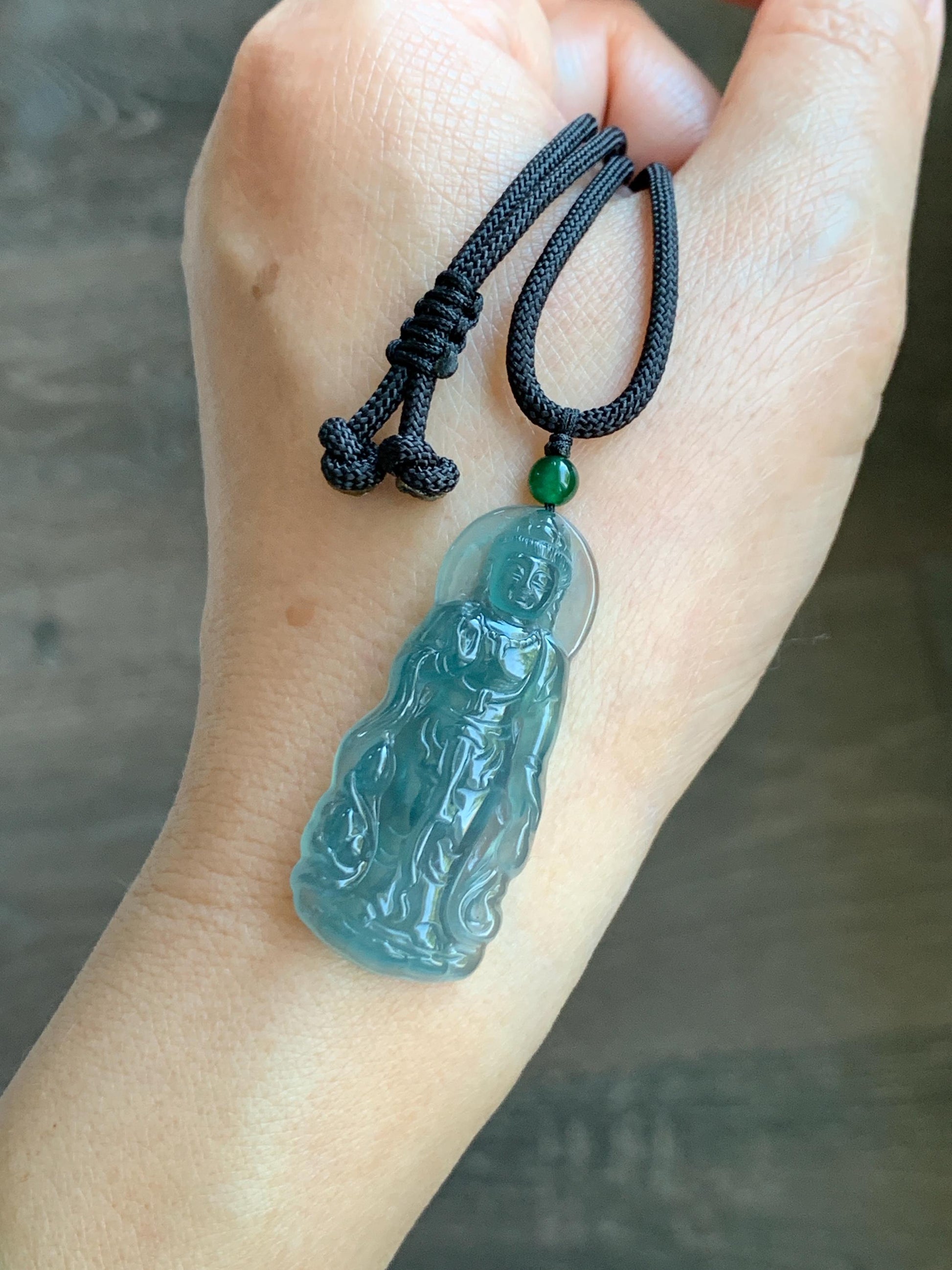 Certified Natural Grade A Guatemalan Icy Highly Translucent Dark Blue Jade Jadeite Guanyin Pendant Rope Necklace 26.5” 6g 天然冰胶危蓝绿翡翠站观音吊坠 101