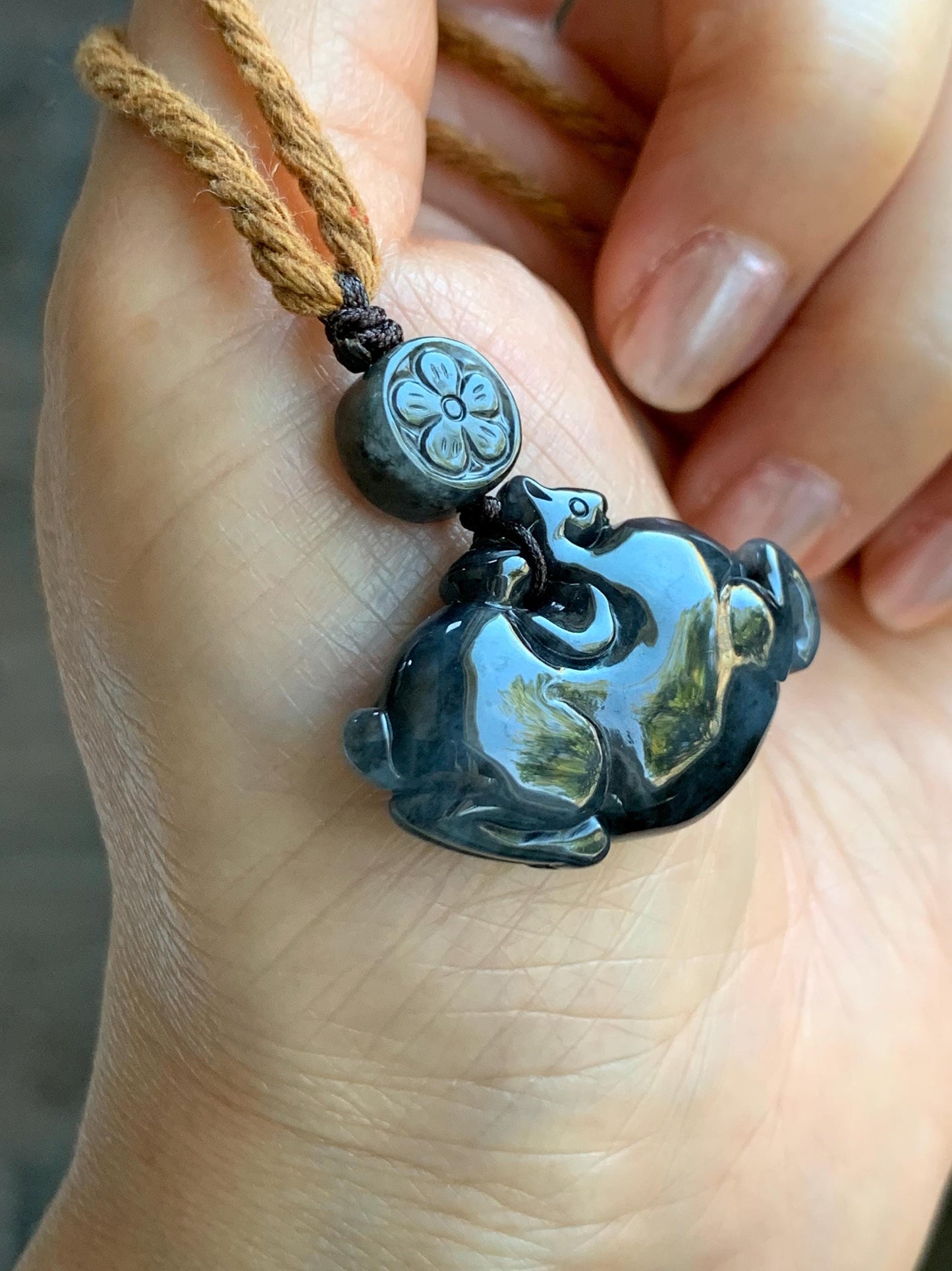 Natural Grade A Icy Translucent Dark Wuji Jade Jadeite Carved Tang Horse Pendant Rope Necklace 24” 13g 天然冰深色乌鸡翡翠唐马吊坠 MWM220