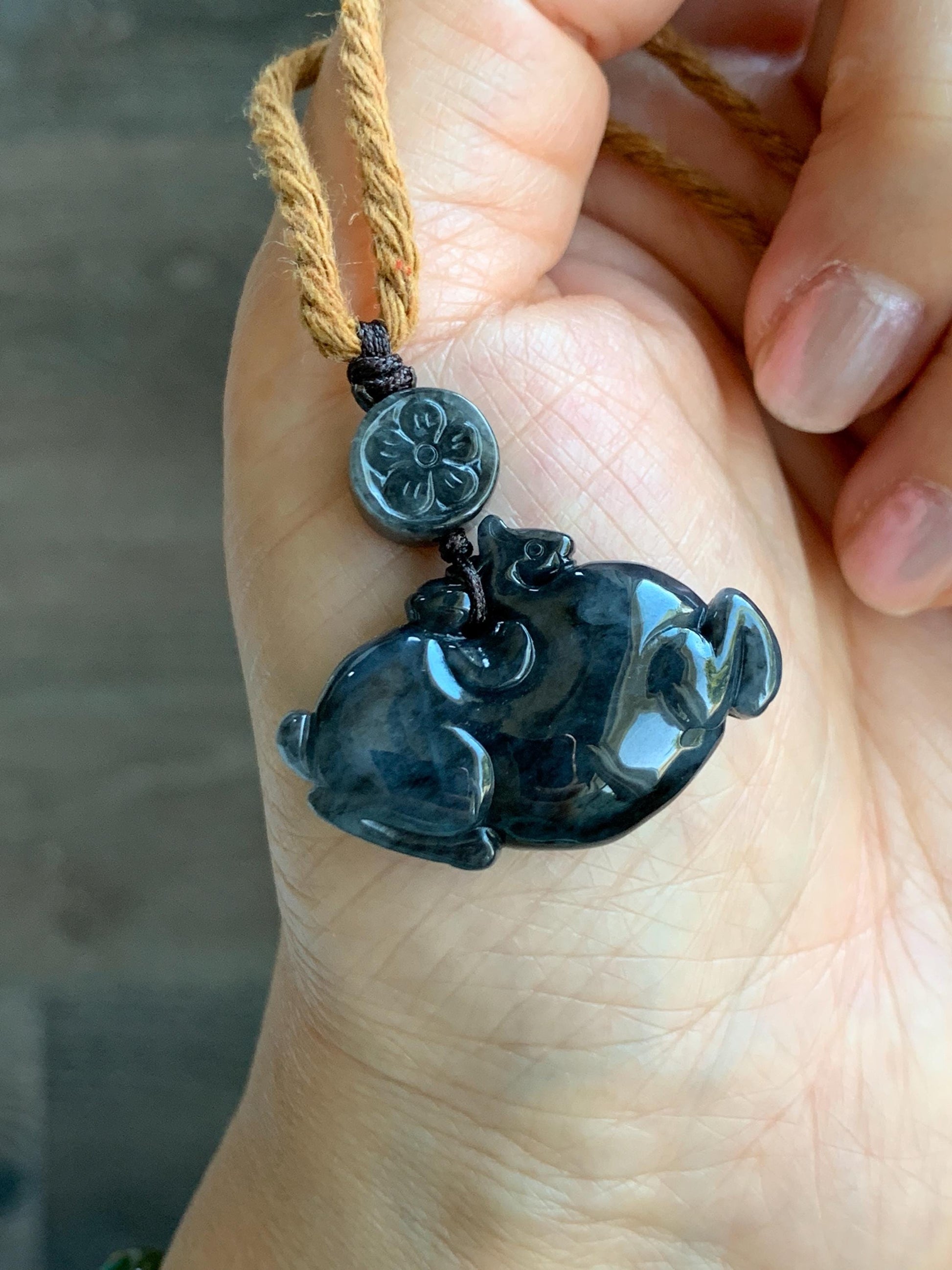 Natural Grade A Icy Translucent Dark Wuji Jade Jadeite Carved Tang Horse Pendant Rope Necklace 24” 13g 天然冰深色乌鸡翡翠唐马吊坠 MWM220