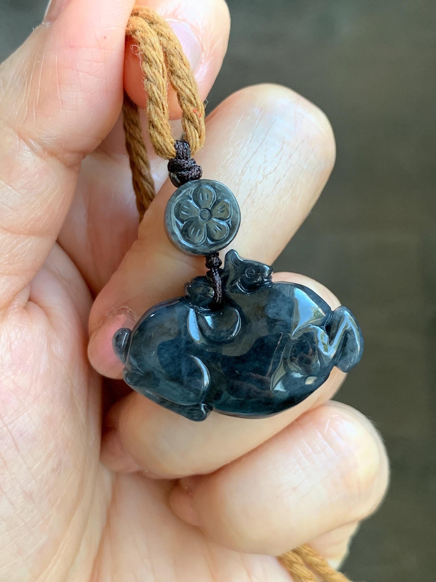 Natural Grade A Icy Translucent Dark Wuji Jade Jadeite Carved Tang Horse Pendant Rope Necklace 24” 13g 天然冰深色乌鸡翡翠唐马吊坠 MWM220