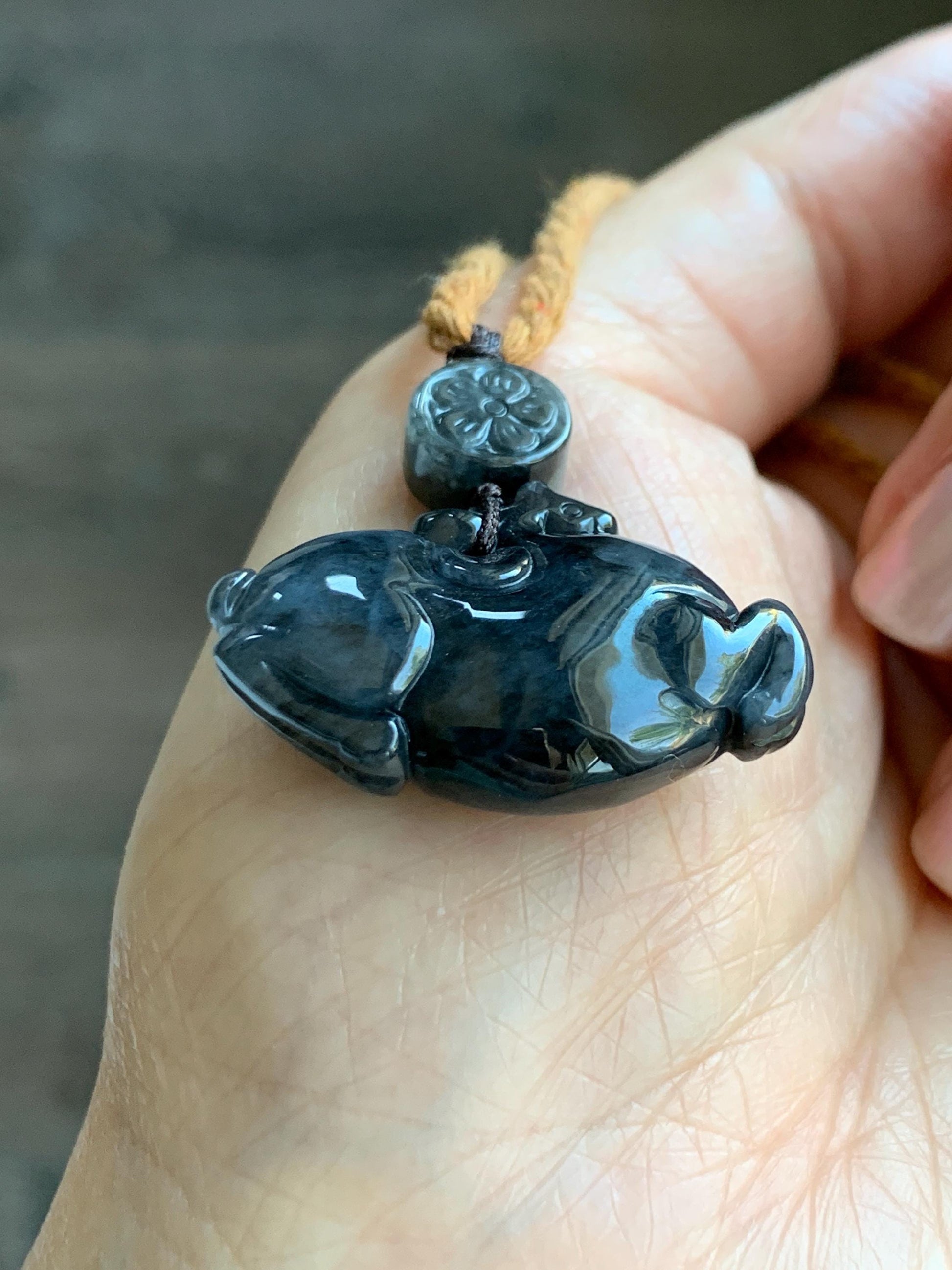 Natural Grade A Icy Translucent Dark Wuji Jade Jadeite Carved Tang Horse Pendant Rope Necklace 24” 13g 天然冰深色乌鸡翡翠唐马吊坠 MWM220