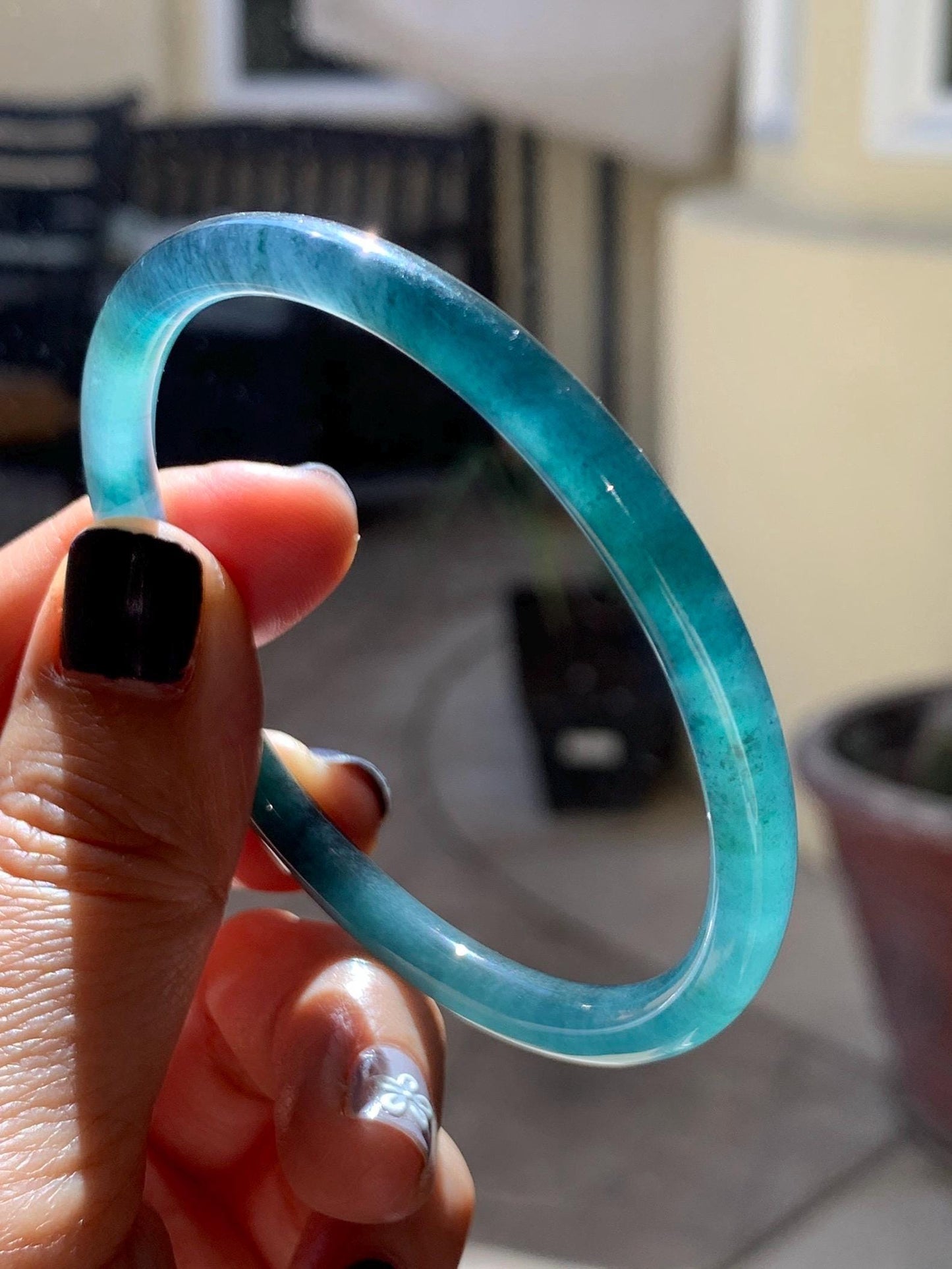 Certified Natural Grade A Guatemalan Icy Translucent Dark Teal Blue Marbled Jade Jadeite Slim Bangle 58mm 7.17” 天然冰胶危深蓝飘花翡翠细圆条手镯 518