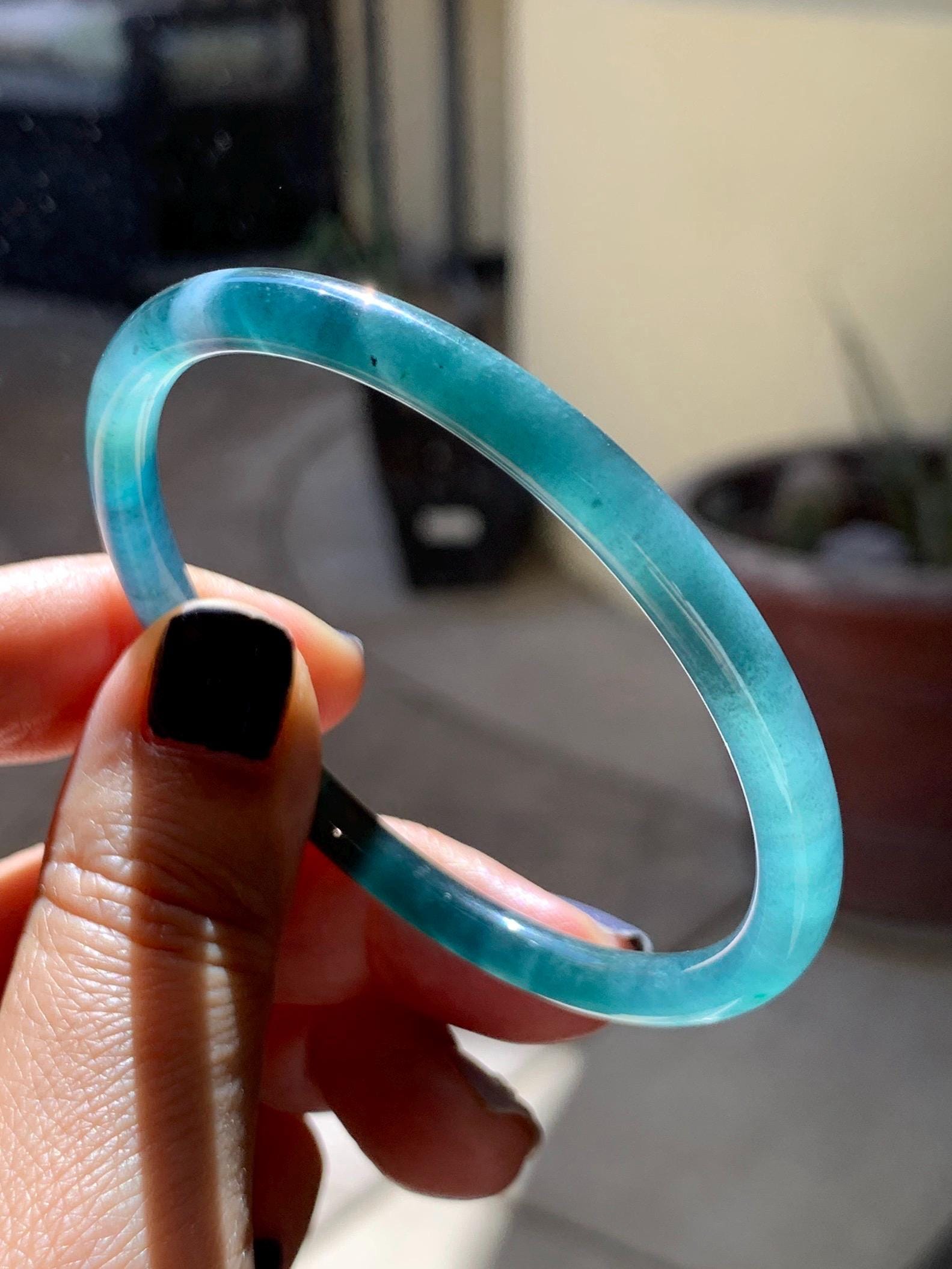 Certified Natural Grade A Guatemalan Icy Translucent Dark Teal Blue Marbled Jade Jadeite Slim Bangle 58mm 7.17” 天然冰胶危深蓝飘花翡翠细圆条手镯 518