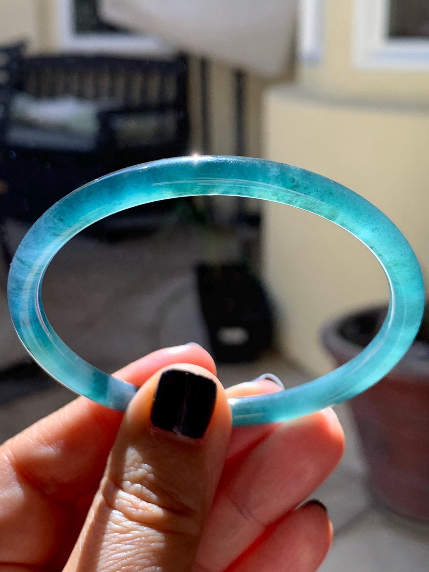 Certified Natural Grade A Guatemalan Icy Translucent Dark Teal Blue Marbled Jade Jadeite Slim Bangle 58mm 7.17” 天然冰胶危深蓝飘花翡翠细圆条手镯 518