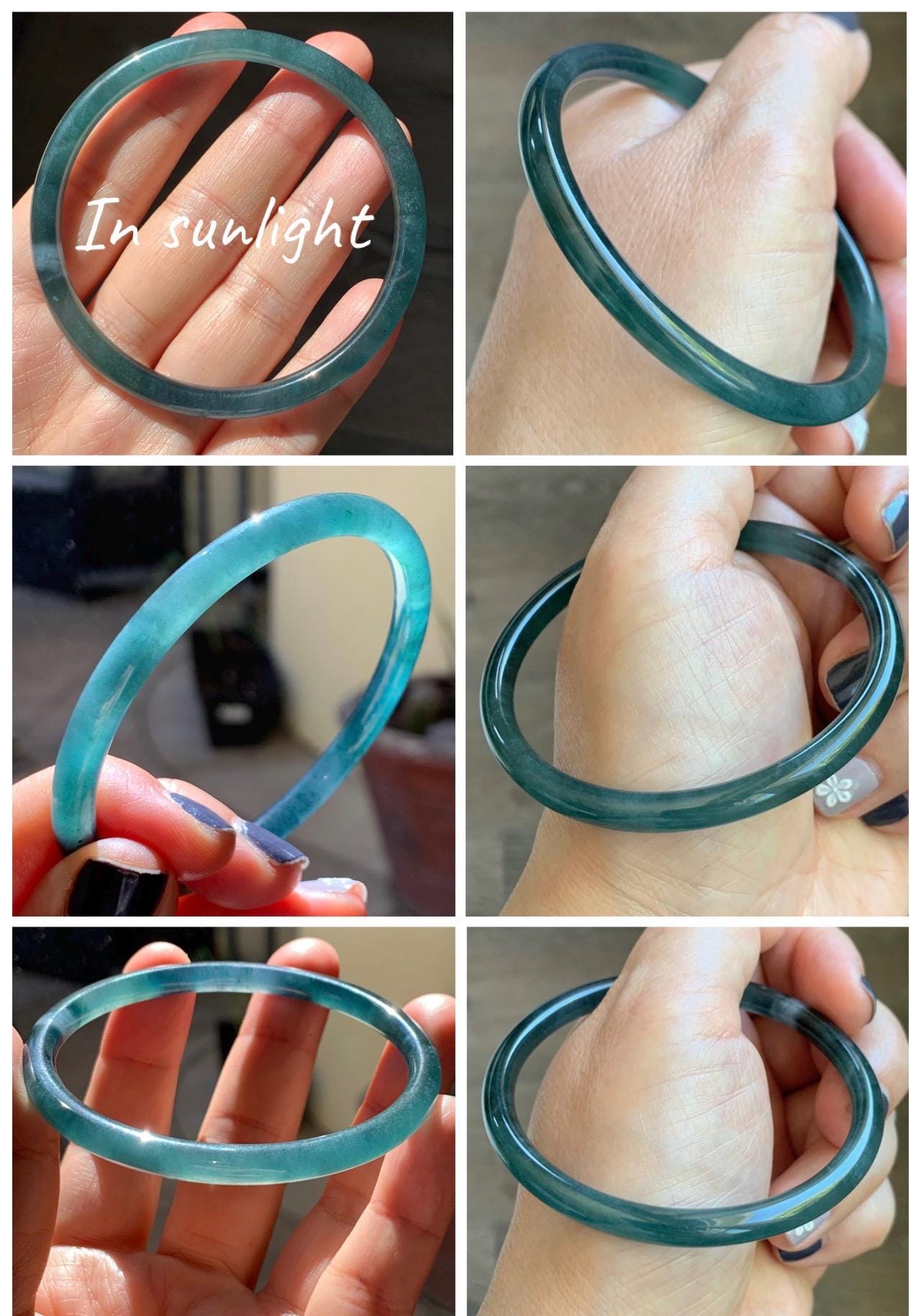 Certified Natural Grade A Guatemalan Icy Translucent Dark Teal Blue Marbled Jade Jadeite Slim Bangle 58mm 7.17” 天然冰胶危深蓝飘花翡翠细圆条手镯 518