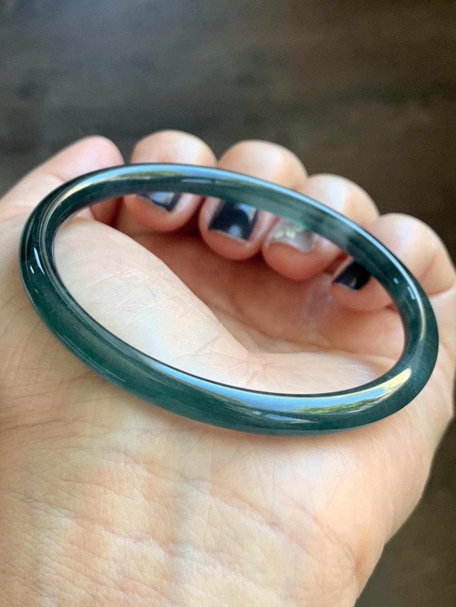 Certified Natural Grade A Guatemalan Icy Translucent Dark Teal Blue Marbled Jade Jadeite Slim Bangle 58mm 7.17” 天然冰胶危深蓝飘花翡翠细圆条手镯 518
