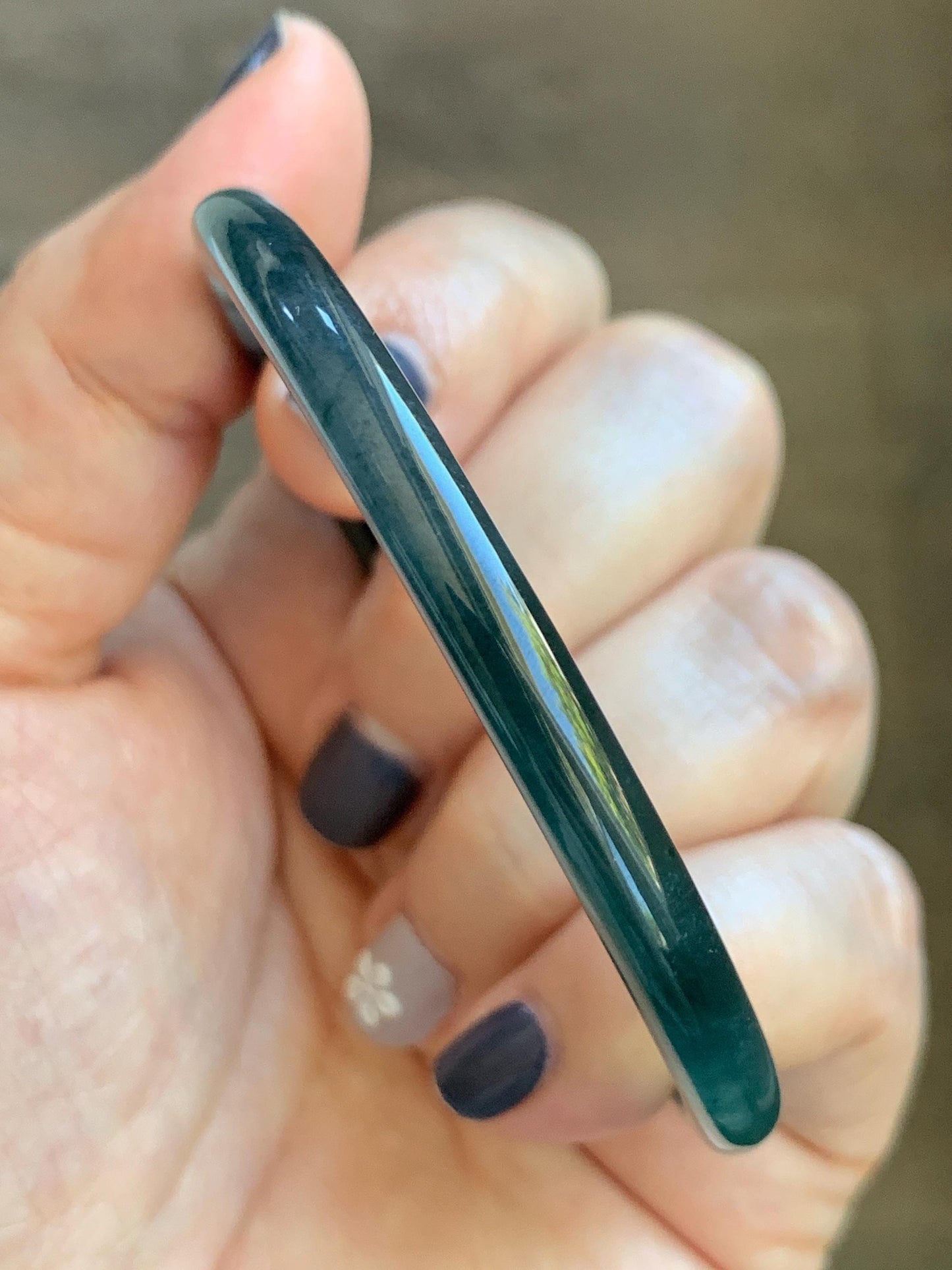Certified Natural Grade A Guatemalan Icy Translucent Dark Teal Blue Marbled Jade Jadeite Slim Bangle 58mm 7.17” 天然冰胶危深蓝飘花翡翠细圆条手镯 518