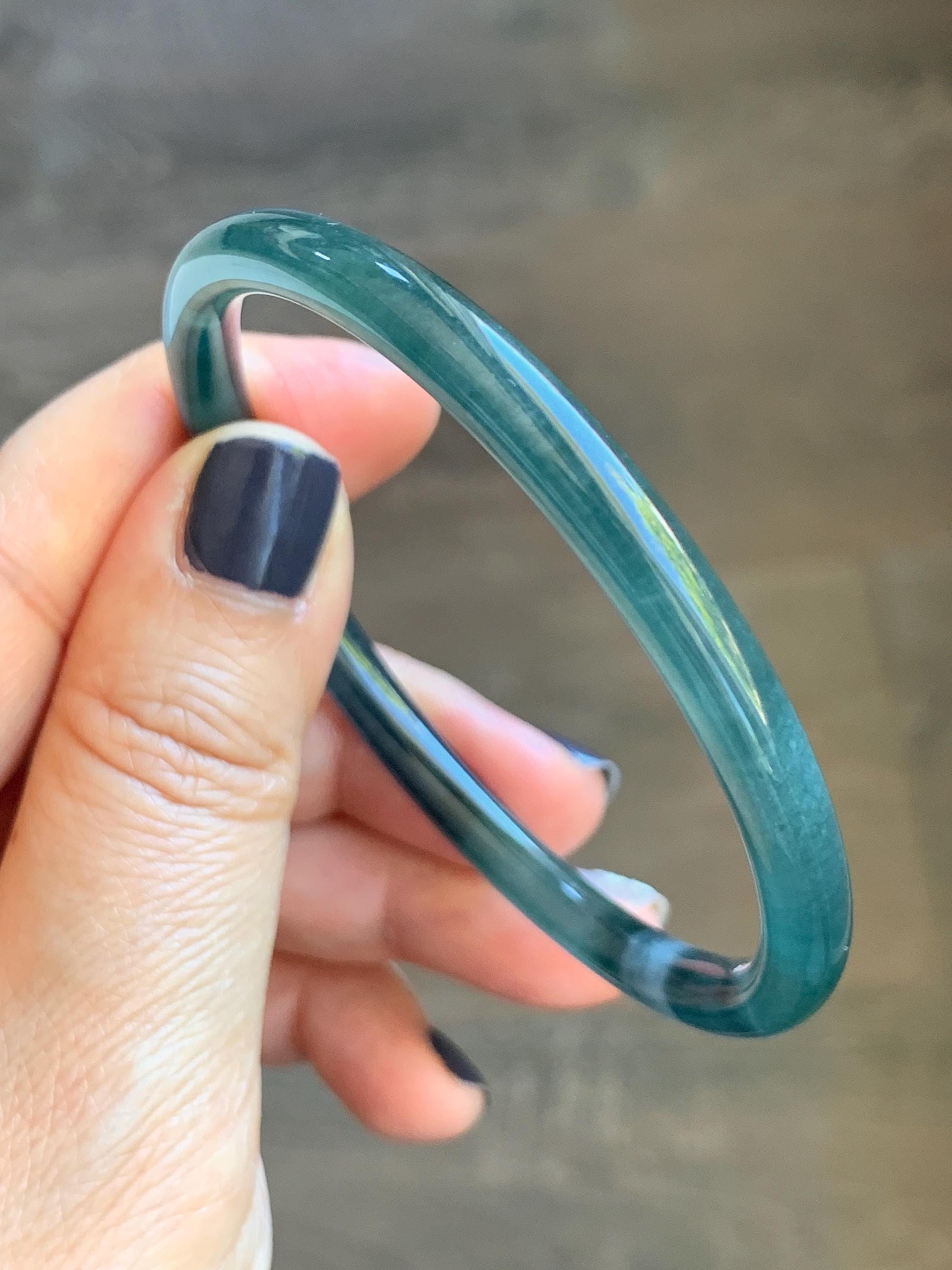 Certified Natural Grade A Guatemalan Icy Translucent Dark Teal Blue Marbled Jade Jadeite Slim Bangle 58mm 7.17” 天然冰胶危深蓝飘花翡翠细圆条手镯 518