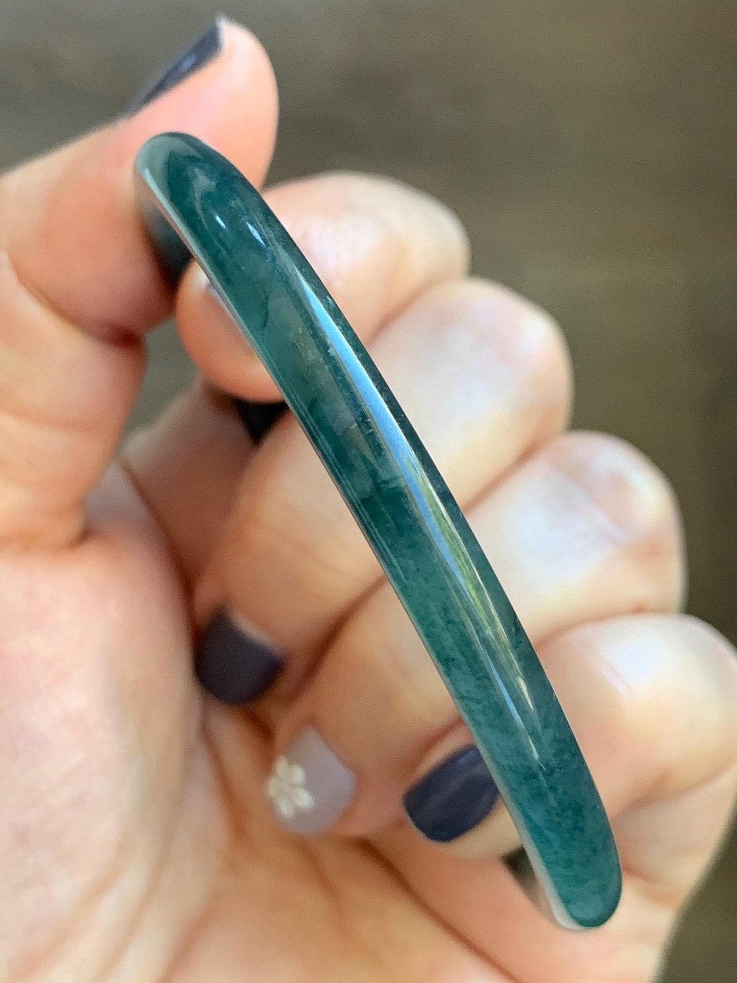 Certified Natural Grade A Guatemalan Icy Translucent Dark Teal Blue Marbled Jade Jadeite Slim Bangle 57.9mm 7.16” 天然冰胶危深蓝飘花翡翠细圆条手镯 516