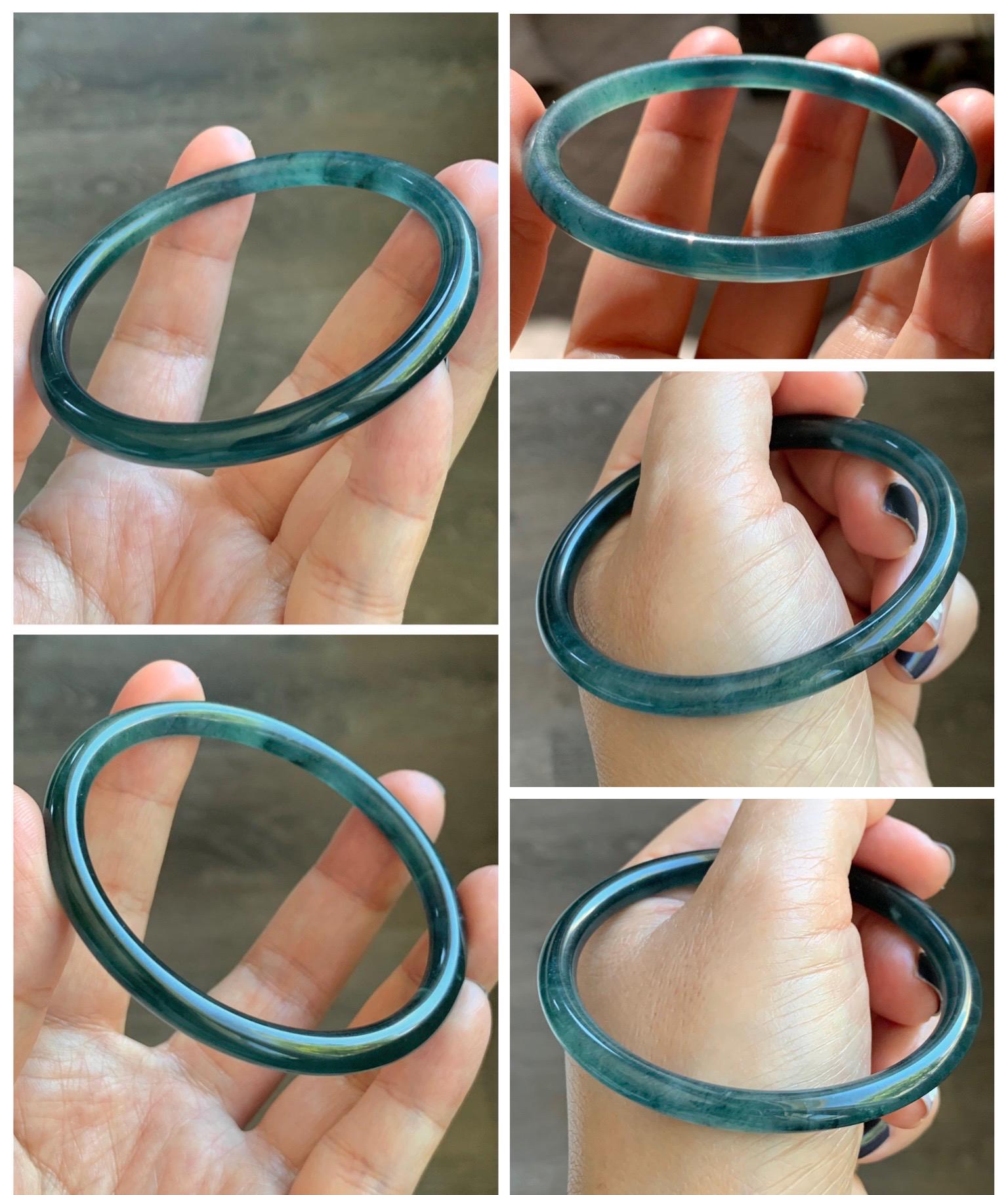 Certified Natural Grade A Guatemalan Icy Translucent Dark Teal Blue Marbled Jade Jadeite Slim Bangle 57.9mm 7.16” 天然冰胶危深蓝飘花翡翠细圆条手镯 516