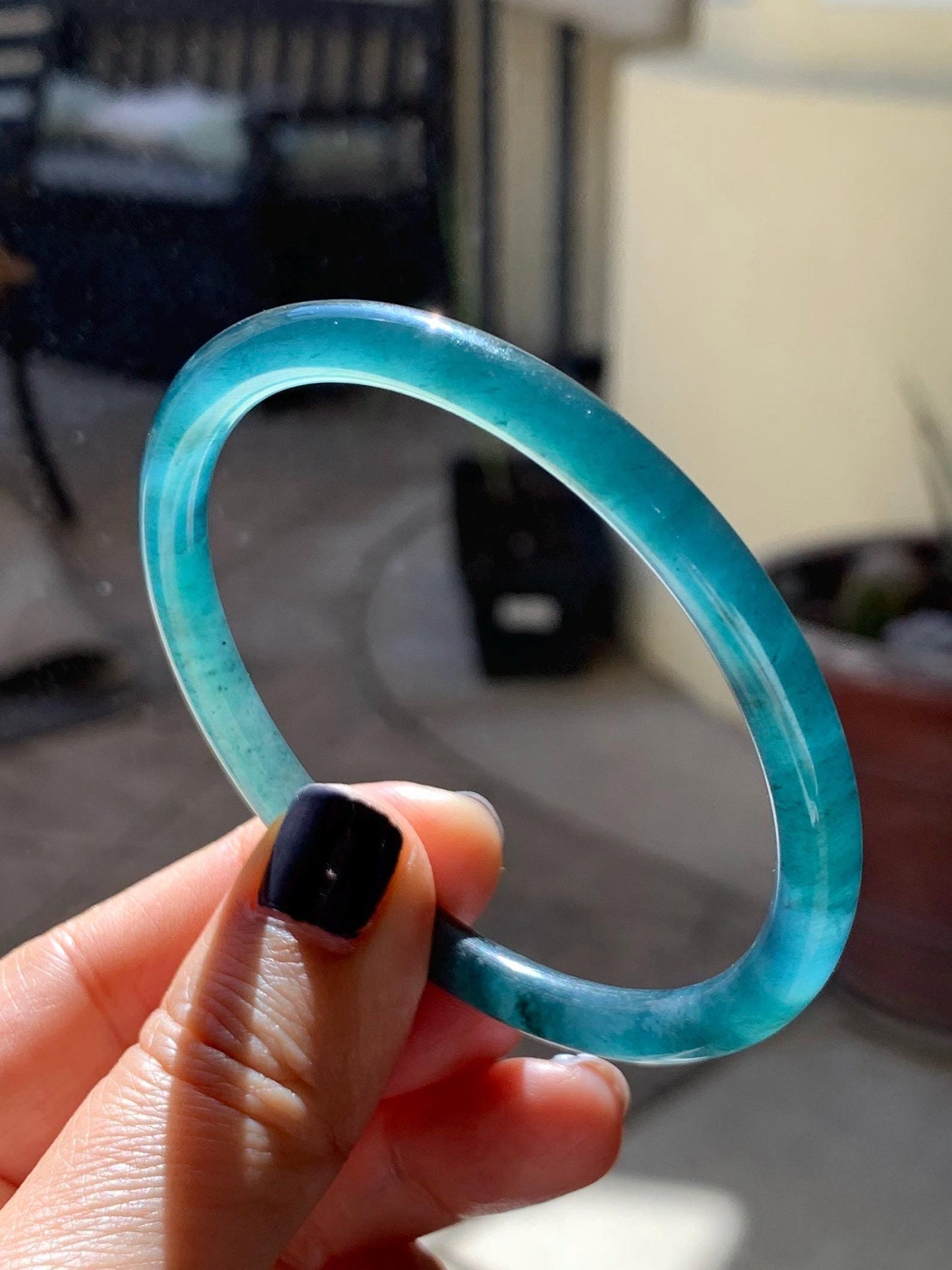 Certified Natural Grade A Guatemalan Icy Translucent Dark Teal Blue Marbled Jade Jadeite Slim Bangle 57.9mm 7.16” 天然冰胶危深蓝飘花翡翠细圆条手镯 516