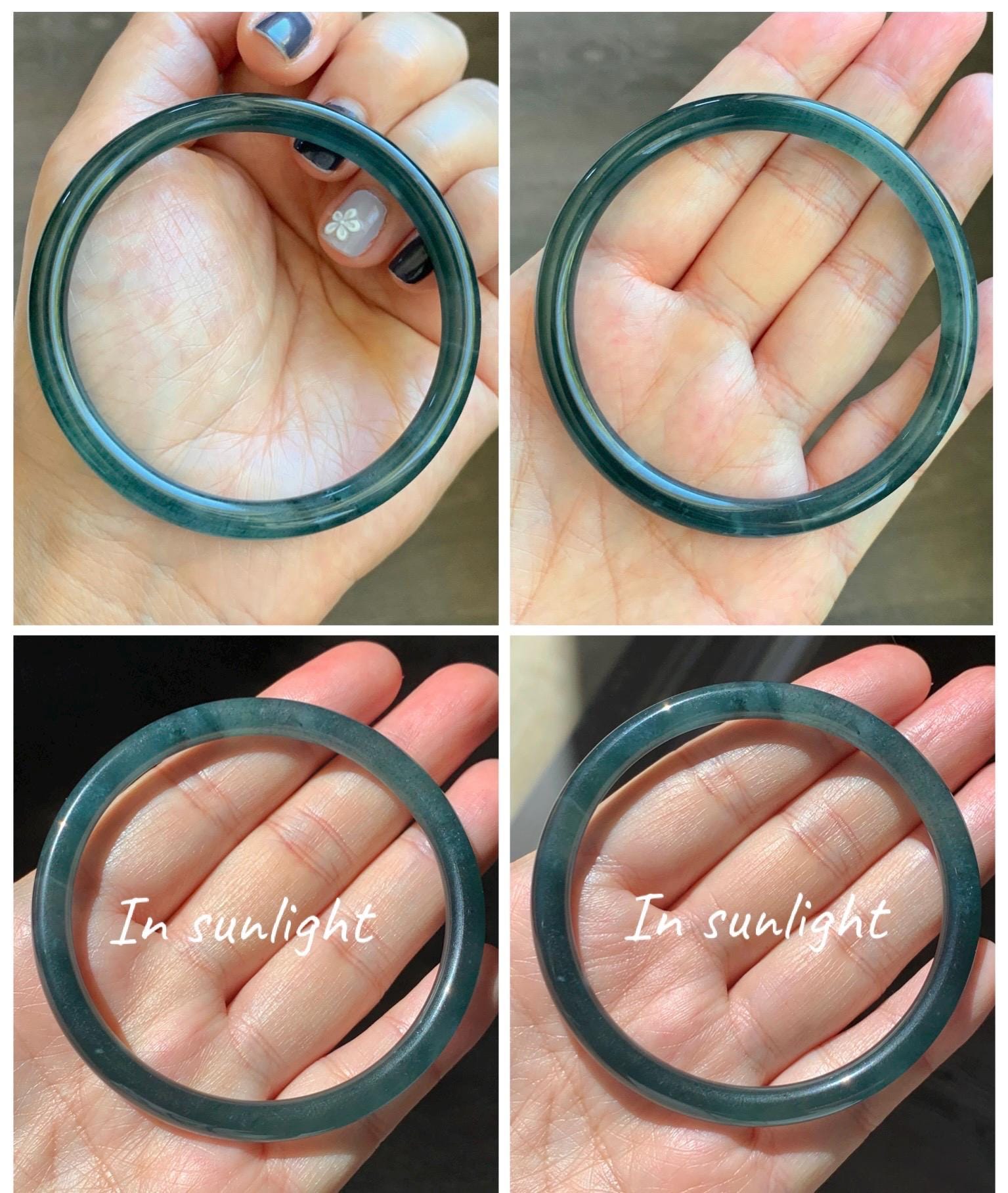 Certified Natural Grade A Guatemalan Icy Translucent Dark Teal Blue Marbled Jade Jadeite Slim Bangle 57.9mm 7.16” 天然冰胶危深蓝飘花翡翠细圆条手镯 516