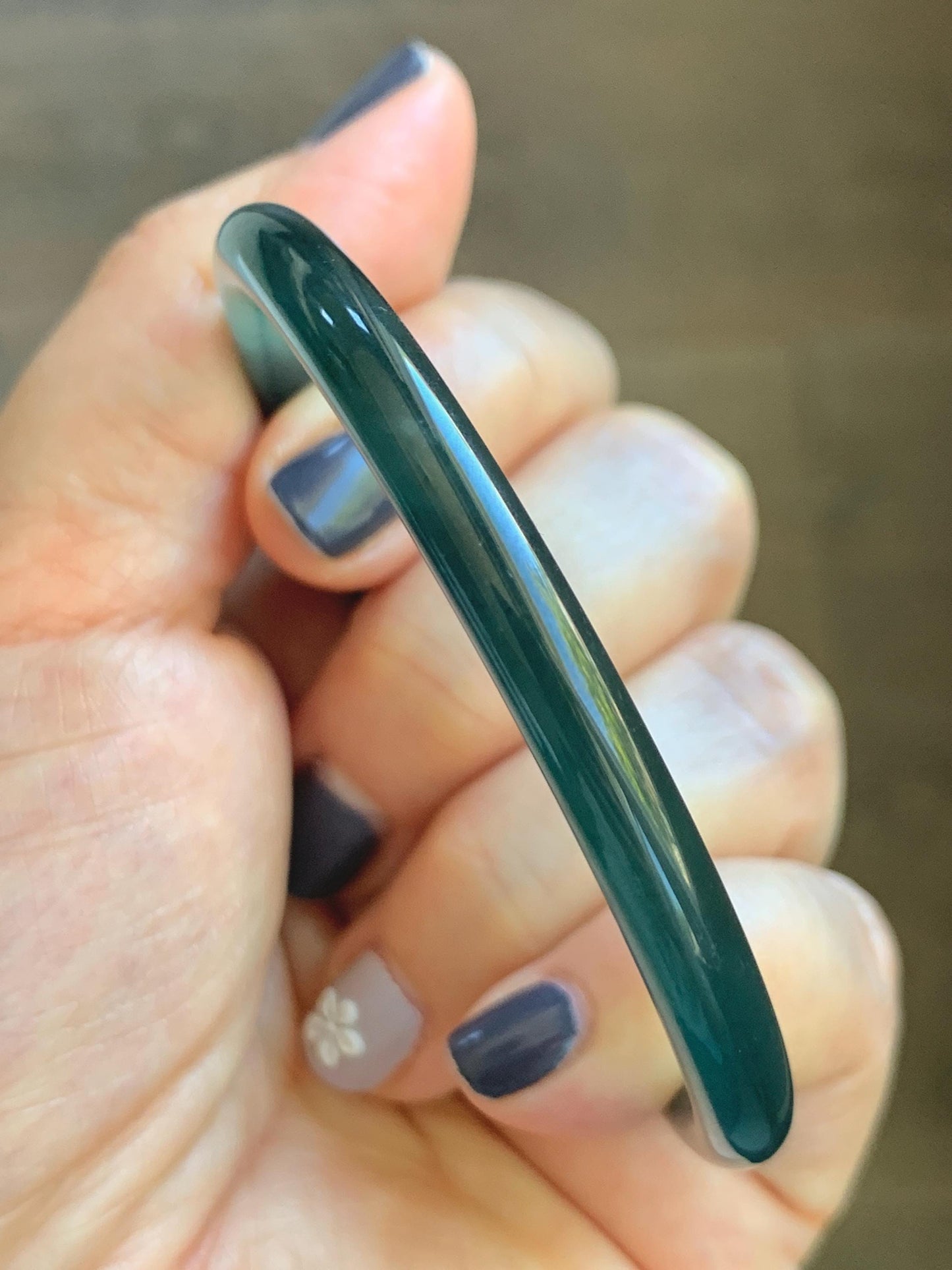 Certified Natural Grade A Guatemalan Icy Translucent Dark Teal Blue Marbled Jade Jadeite Slim Bangle 57.9mm 7.16” 天然冰胶危深蓝飘花翡翠细圆条手镯 516