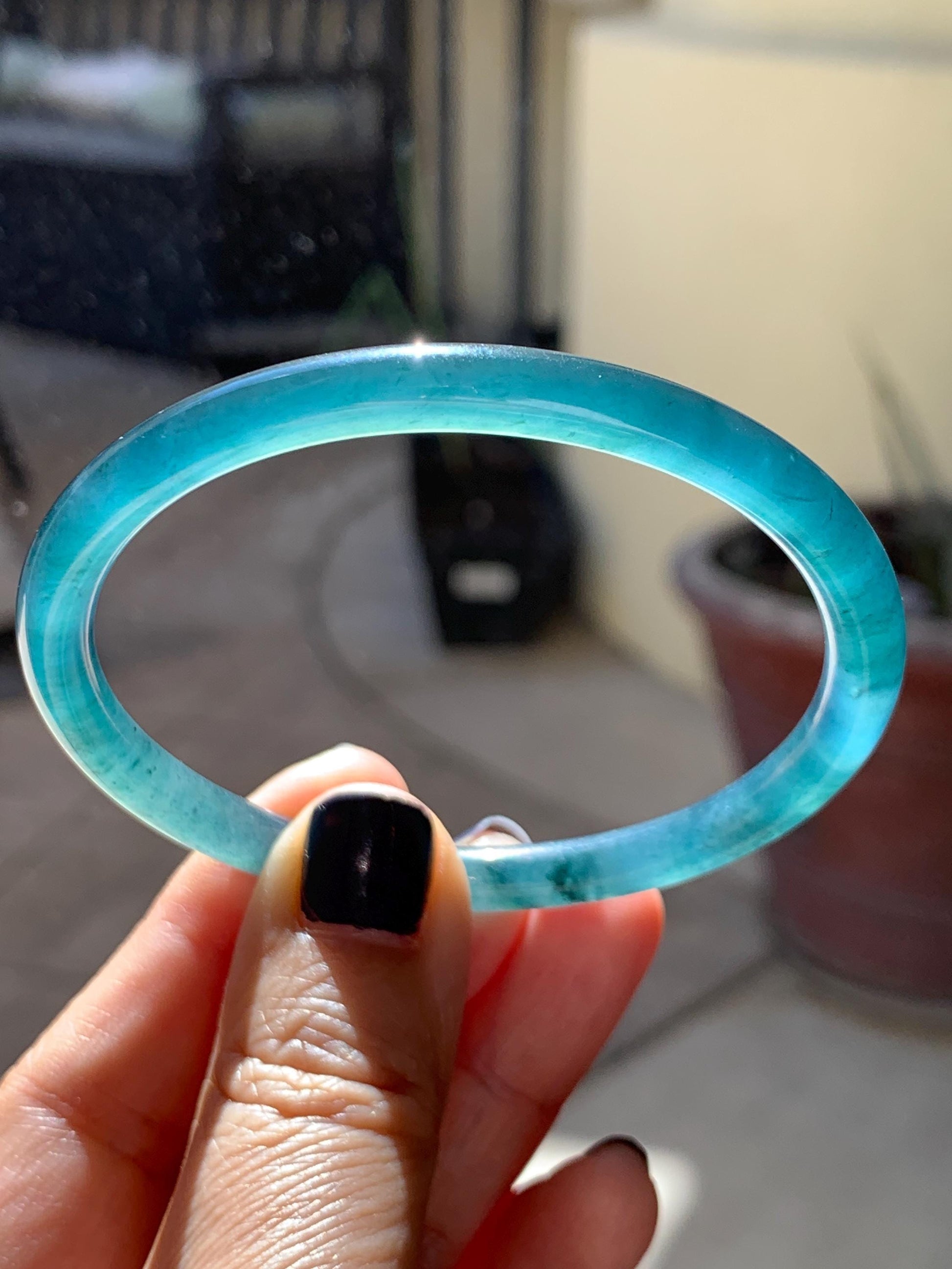 Certified Natural Grade A Guatemalan Icy Translucent Dark Teal Blue Marbled Jade Jadeite Slim Bangle 57.9mm 7.16” 天然冰胶危深蓝飘花翡翠细圆条手镯 516