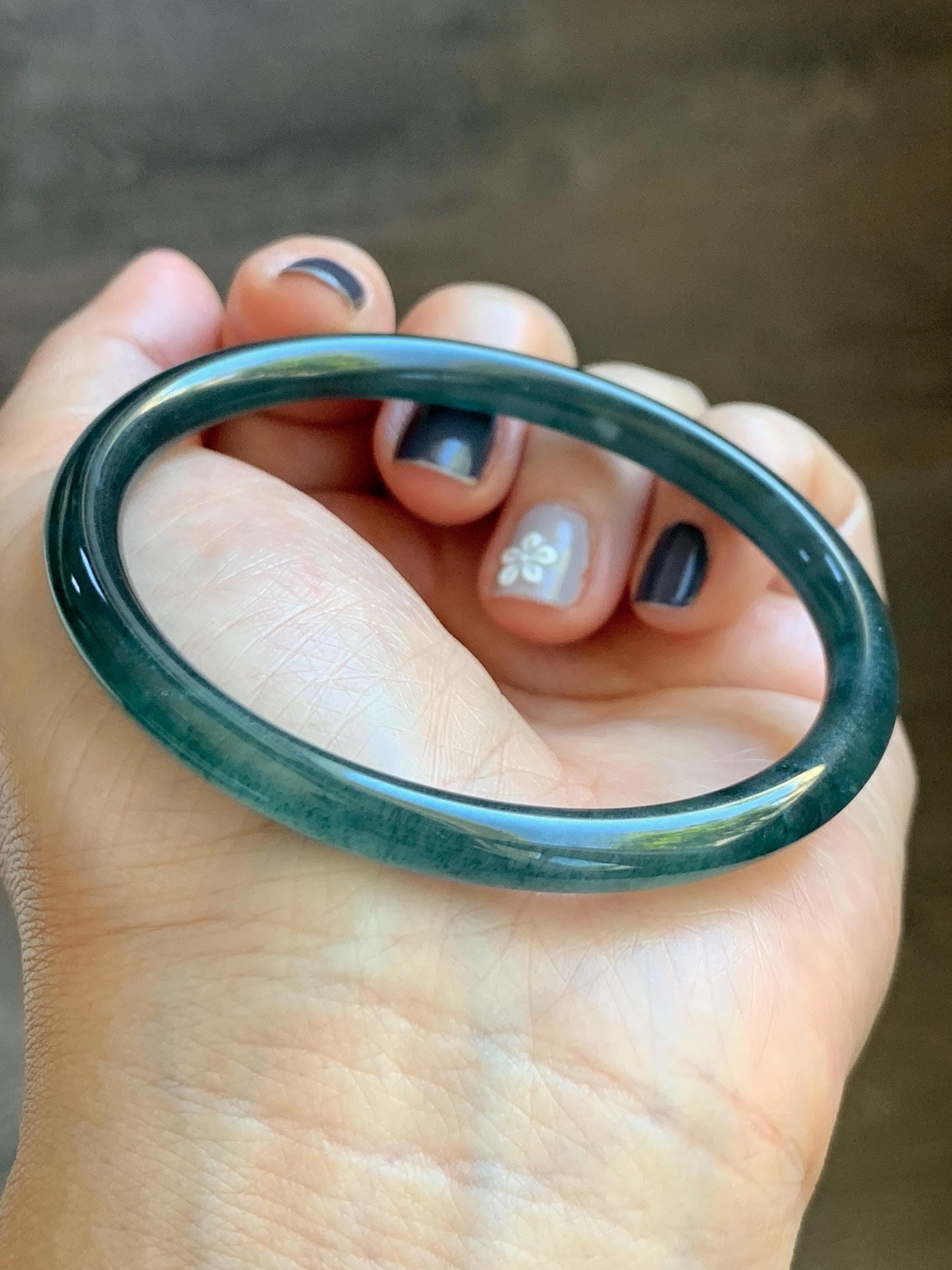 Certified Natural Grade A Guatemalan Icy Translucent Dark Teal Blue Marbled Jade Jadeite Slim Bangle 57.9mm 7.16” 天然冰胶危深蓝飘花翡翠细圆条手镯 516