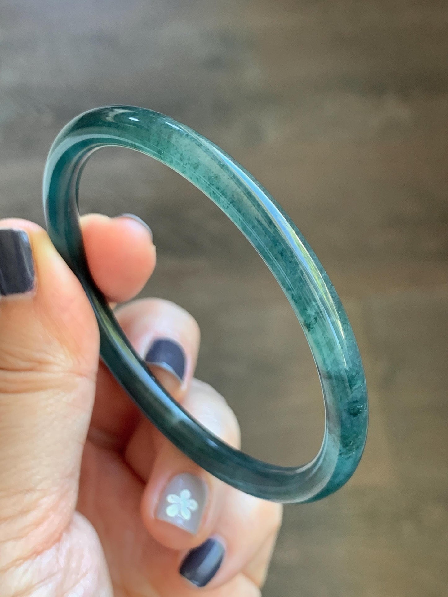 Certified Natural Grade A Guatemalan Icy Translucent Dark Teal Blue Marbled Jade Jadeite Slim Bangle 57.9mm 7.16” 天然冰胶危深蓝飘花翡翠细圆条手镯 516