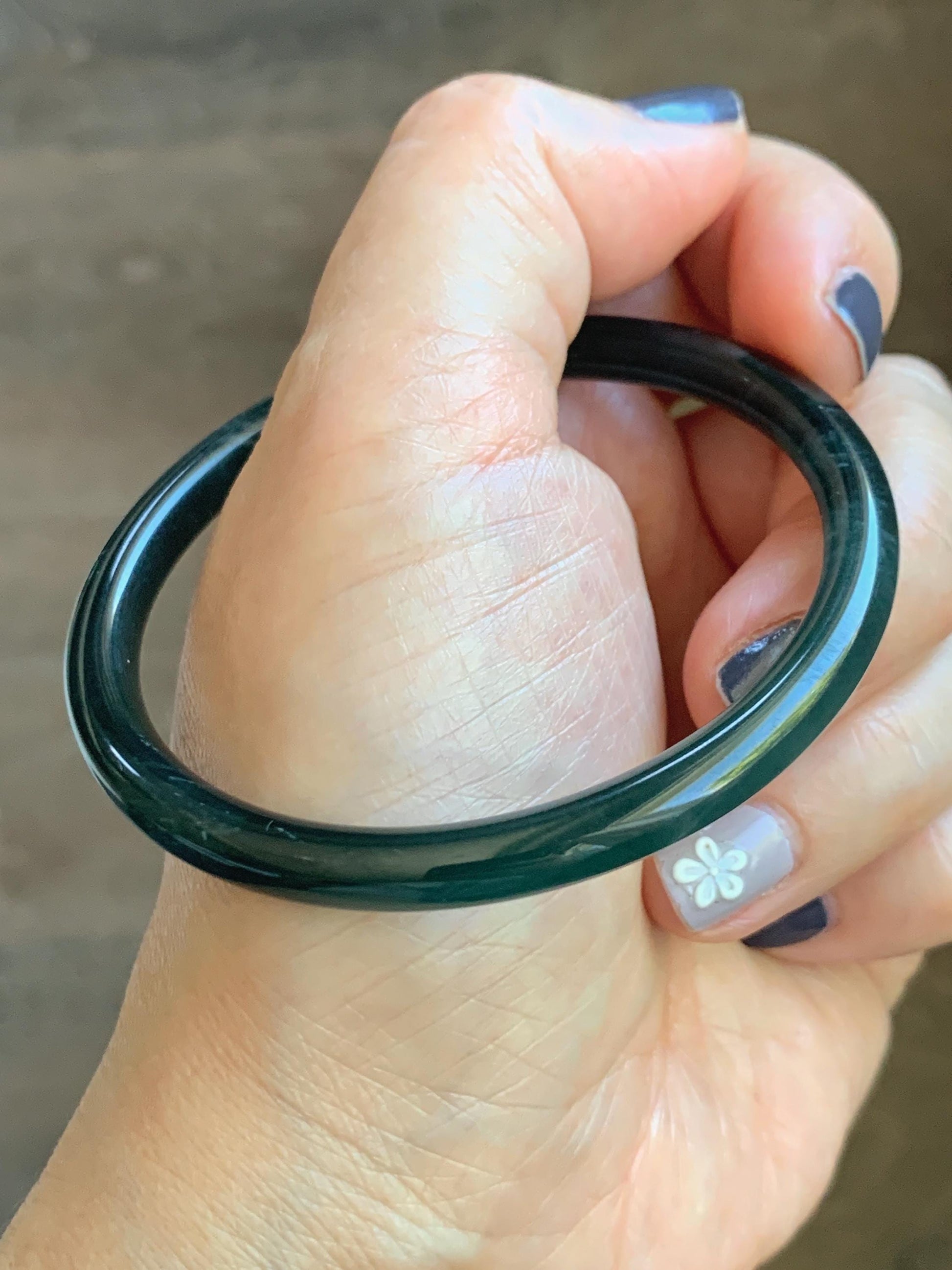 Certified Natural Grade A Guatemalan Icy Translucent Dark Teal Blue Marbled Jade Jadeite Slim Bangle 56.36mm 6.96” 天然冰胶危深蓝飘花翡翠细圆条手镯 520