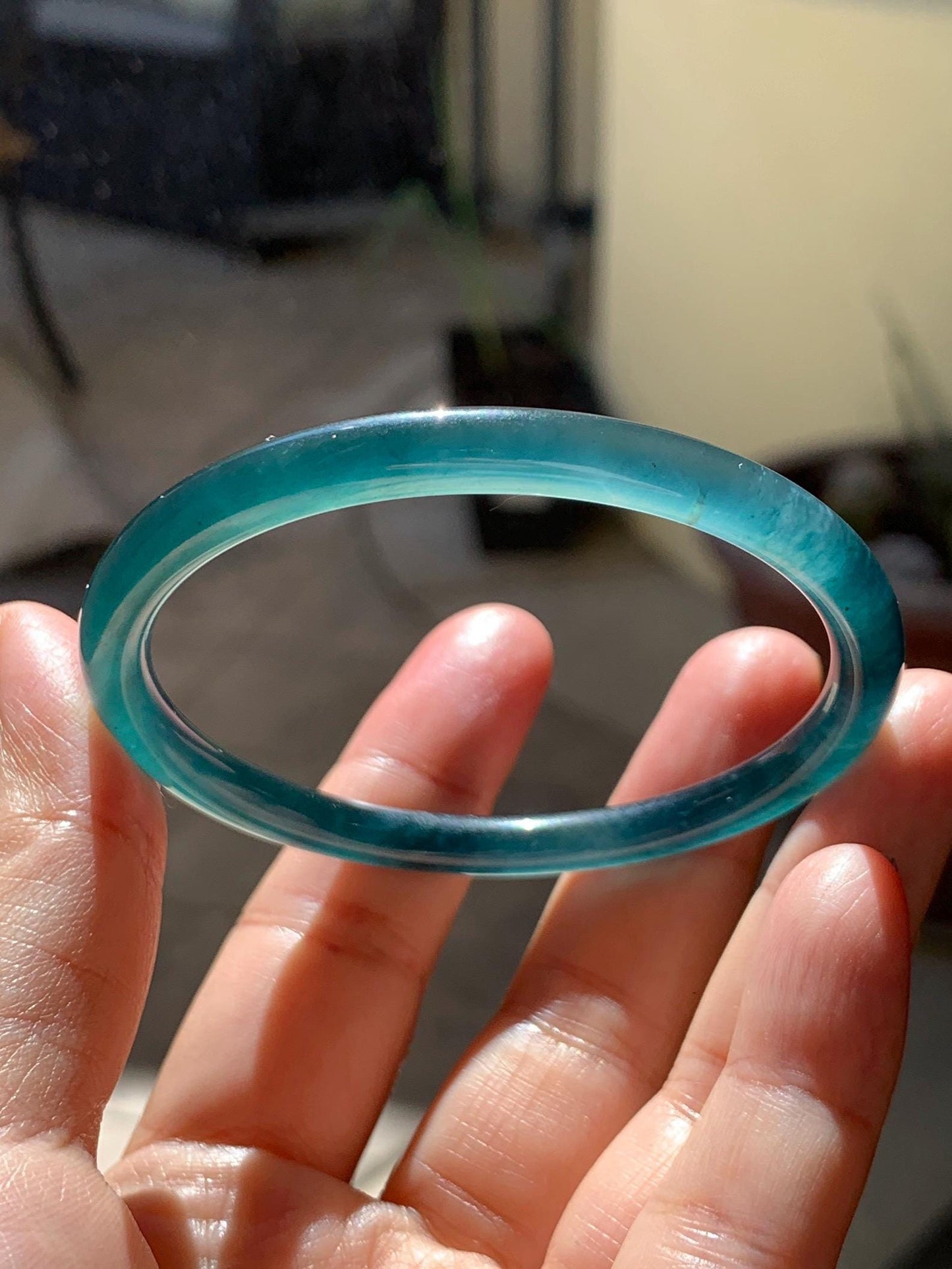 Certified Natural Grade A Guatemalan Icy Translucent Dark Teal Blue Marbled Jade Jadeite Slim Bangle 56.36mm 6.96” 天然冰胶危深蓝飘花翡翠细圆条手镯 520
