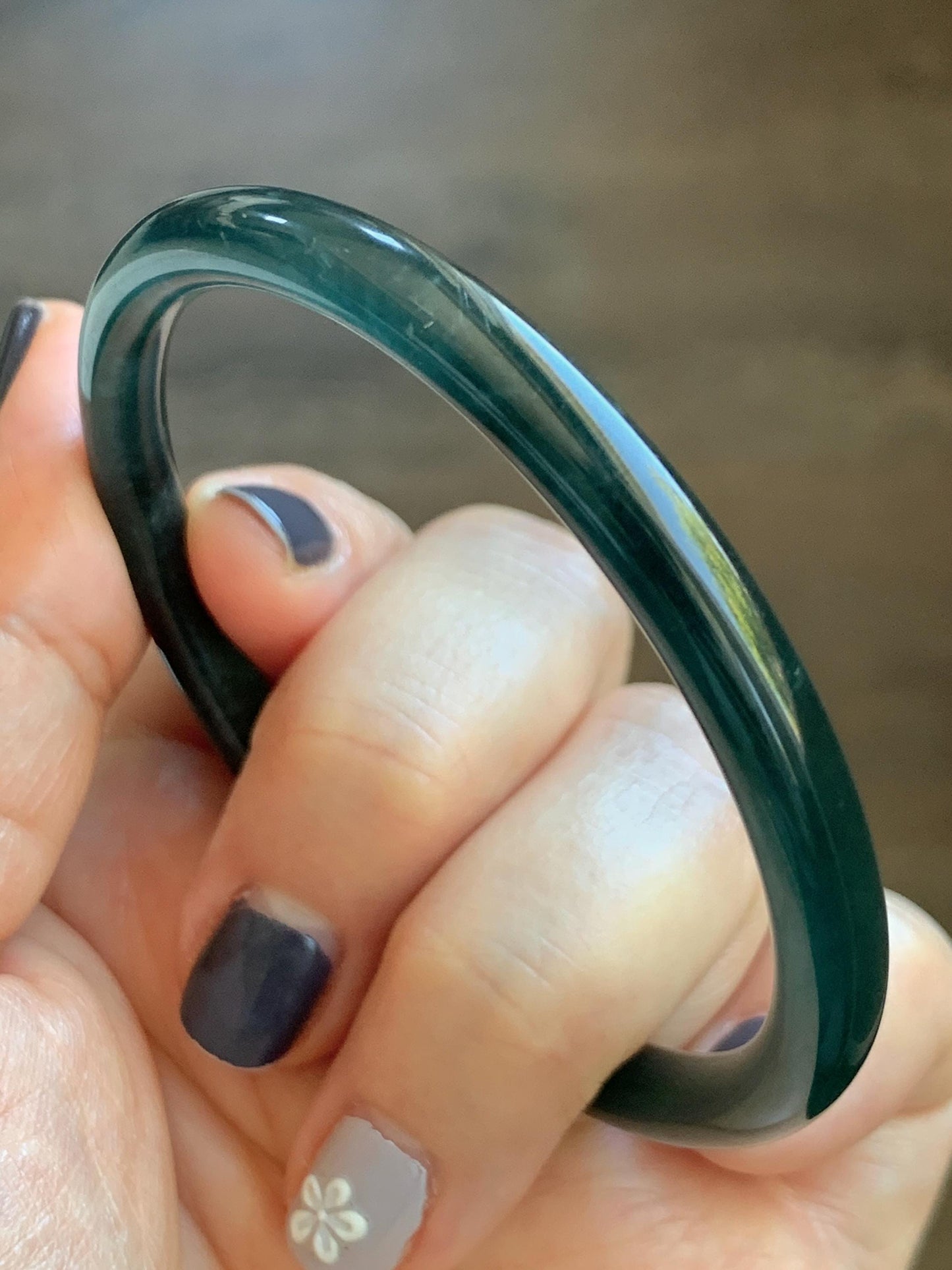 Certified Natural Grade A Guatemalan Icy Translucent Dark Teal Blue Marbled Jade Jadeite Slim Bangle 56.36mm 6.96” 天然冰胶危深蓝飘花翡翠细圆条手镯 520
