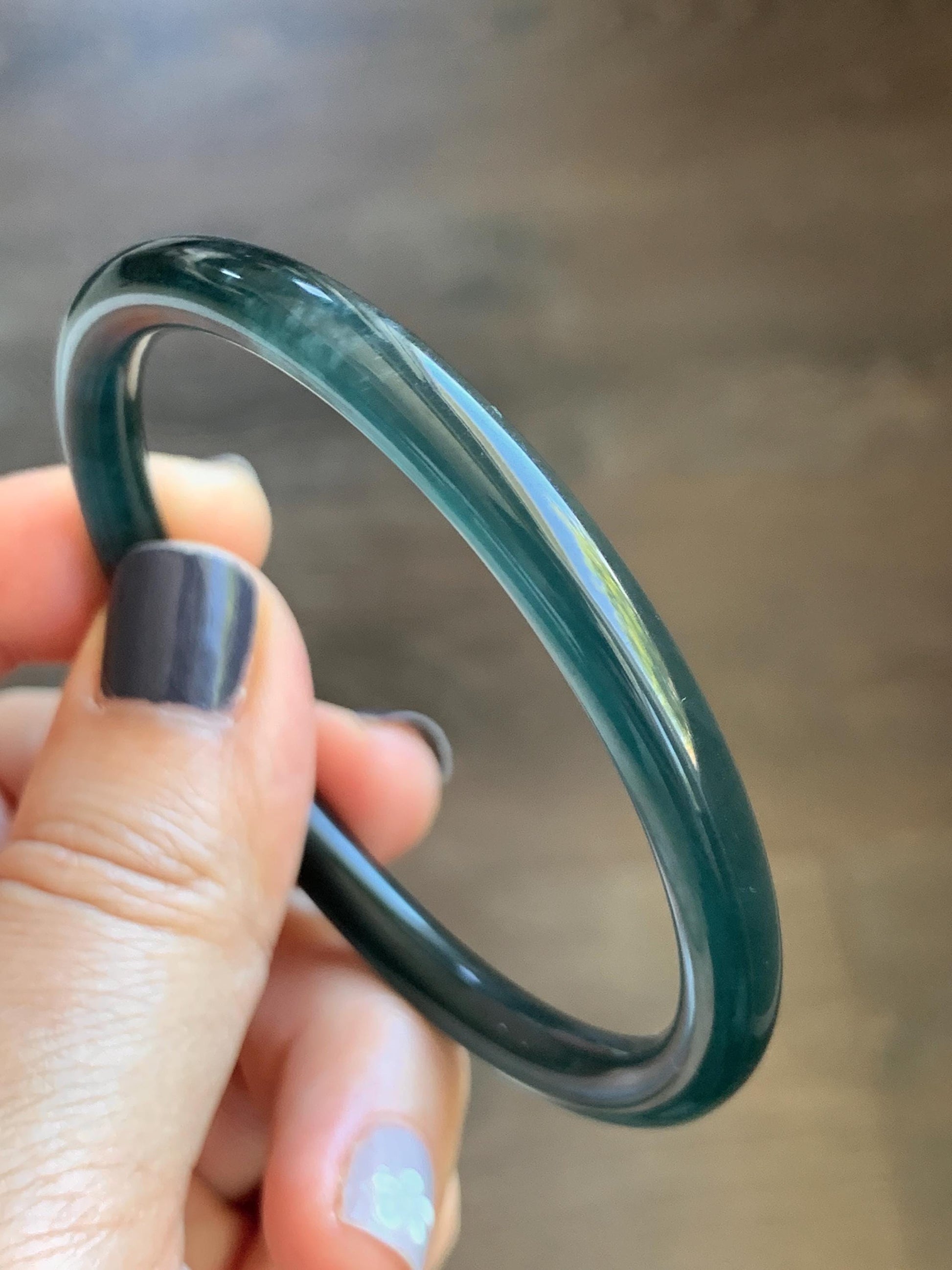 Certified Natural Grade A Guatemalan Icy Translucent Dark Teal Blue Marbled Jade Jadeite Slim Bangle 56.36mm 6.96” 天然冰胶危深蓝飘花翡翠细圆条手镯 520