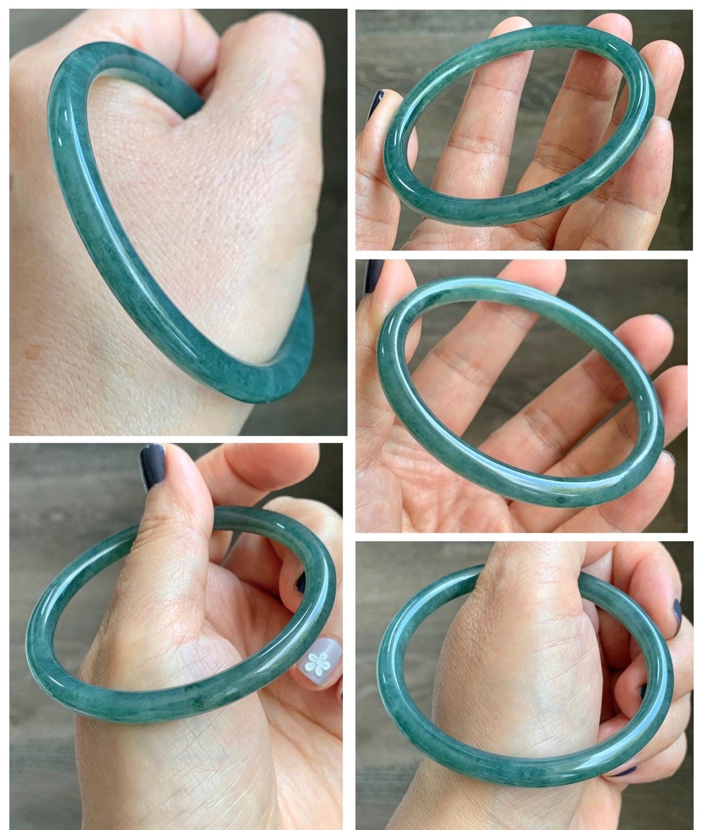 Certified Natural Grade A Guatemalan Icy Translucent Dark Teal Green Jade Jadeite Slim Bangle 58.9mm 7.28” 天然冰胶危深蓝绿翡翠细圆条手镯 492