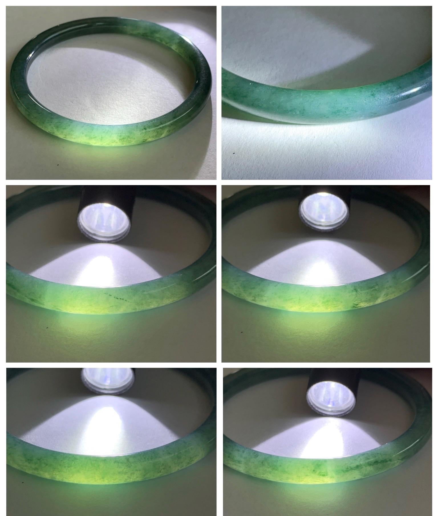 Certified Natural Grade A Guatemalan Icy Translucent Dark Teal Green Jade Jadeite Slim Bangle 58.9mm 7.28” 天然冰胶危深蓝绿翡翠细圆条手镯 492