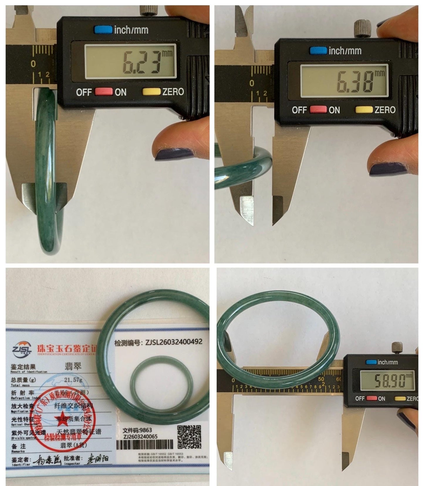 Certified Natural Grade A Guatemalan Icy Translucent Dark Teal Green Jade Jadeite Slim Bangle 58.9mm 7.28” 天然冰胶危深蓝绿翡翠细圆条手镯 492